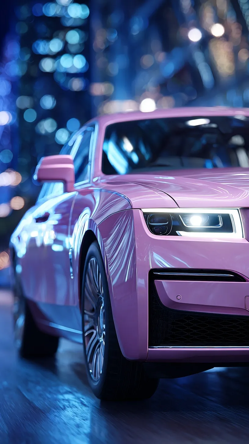 A pink Rolls Royce Ghost driving through a luxury city at night with cobalt-blue chrome reflections.
