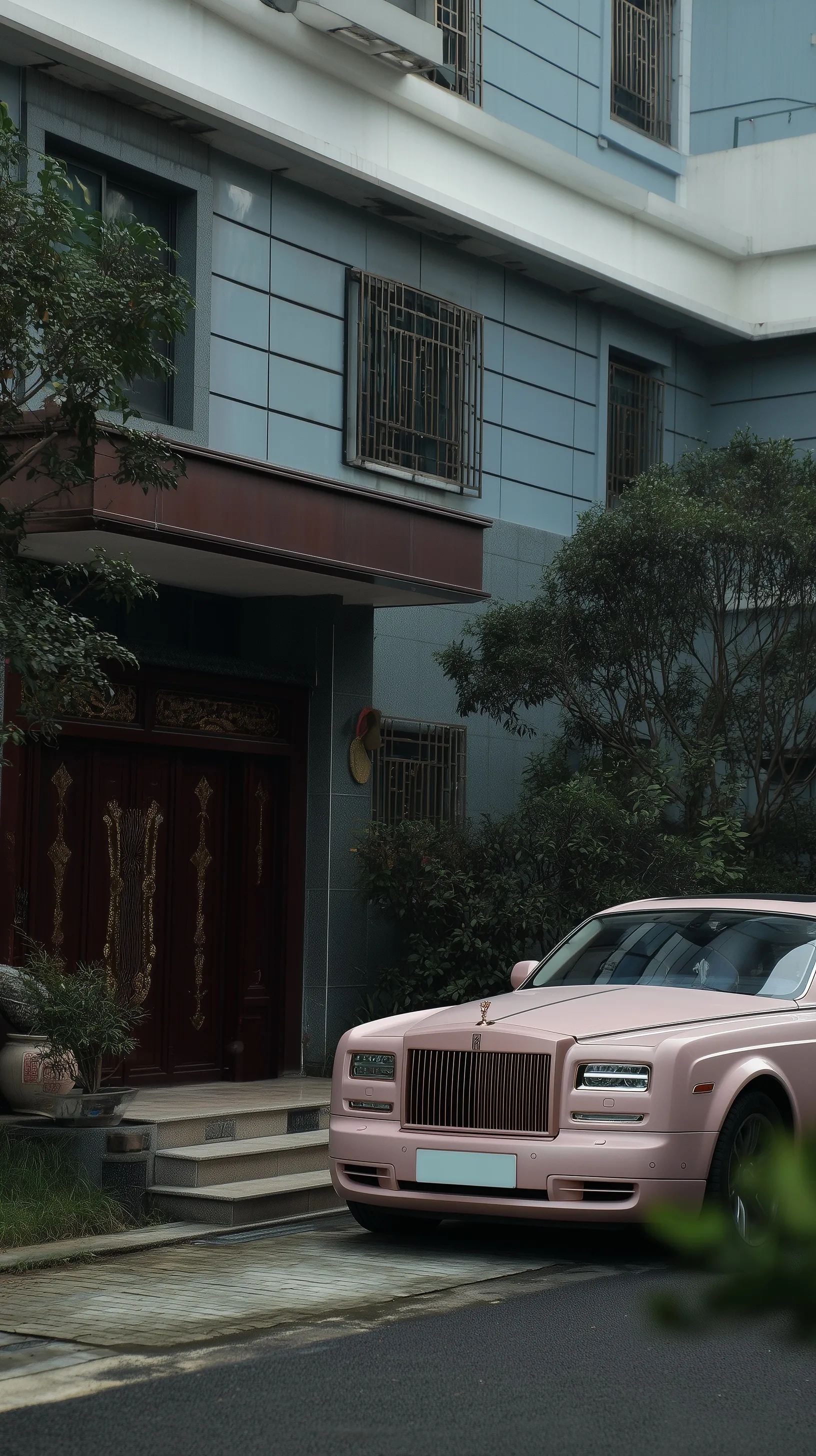 A luxury pink Rolls-Royce driving up to a mansion in North America on a cloudy day, high-quality wallpaper.