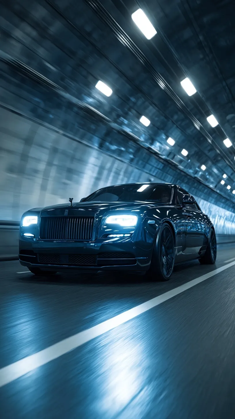 A luxury Rolls Royce driving through a tunnel in a cinematic 8K hyper-realistic style for an iPhone wallpaper.