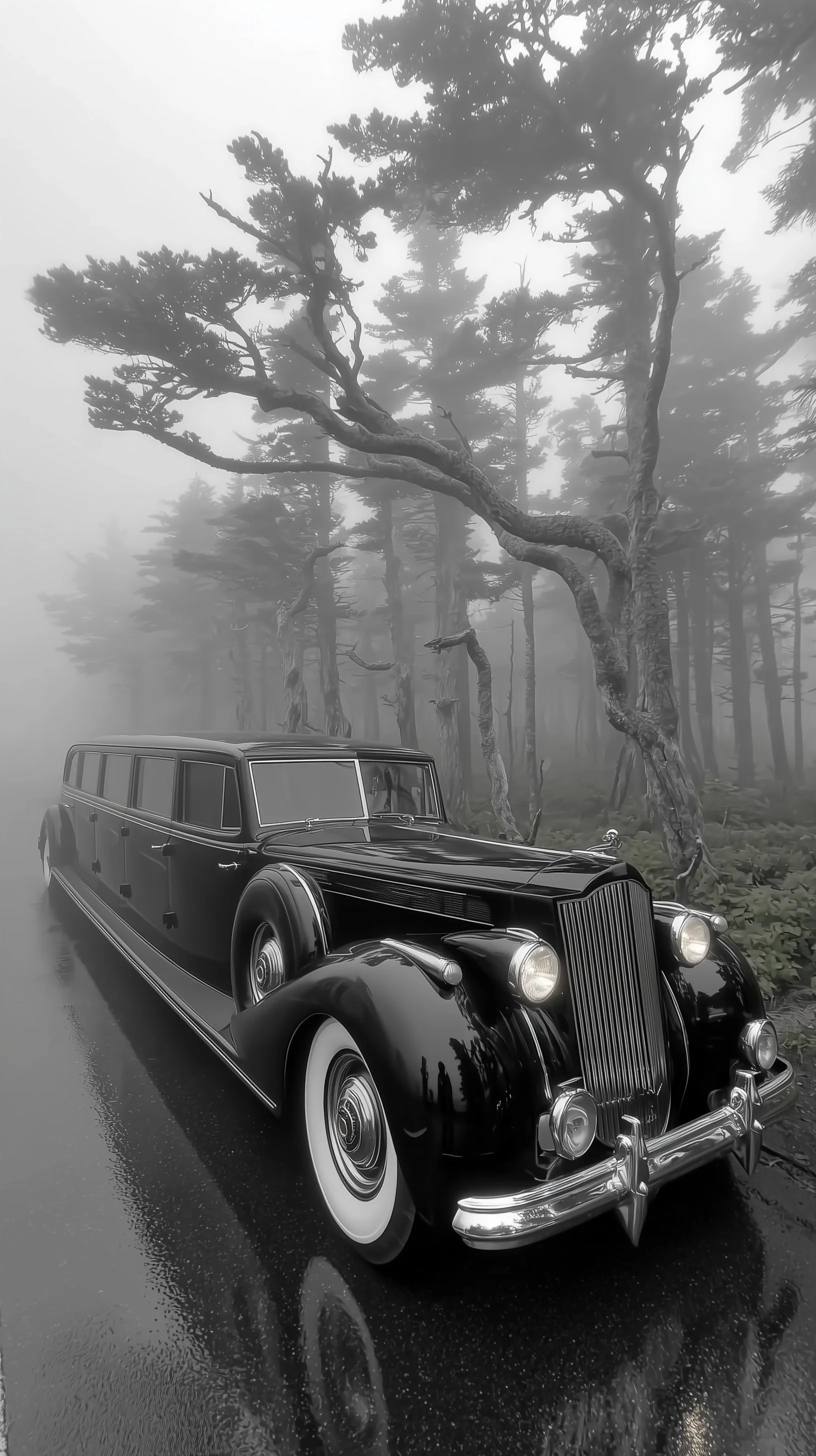 A sleek 1940s vintage luxury car driving on a dark, foggy road at night for a high-quality Rolls Royce iPhone wallpaper.