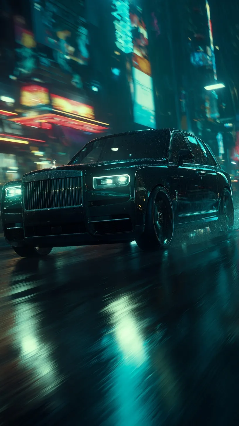 A sleek black Rolls Royce Cullinan driving through a rain-slicked, neon-lit city at night.