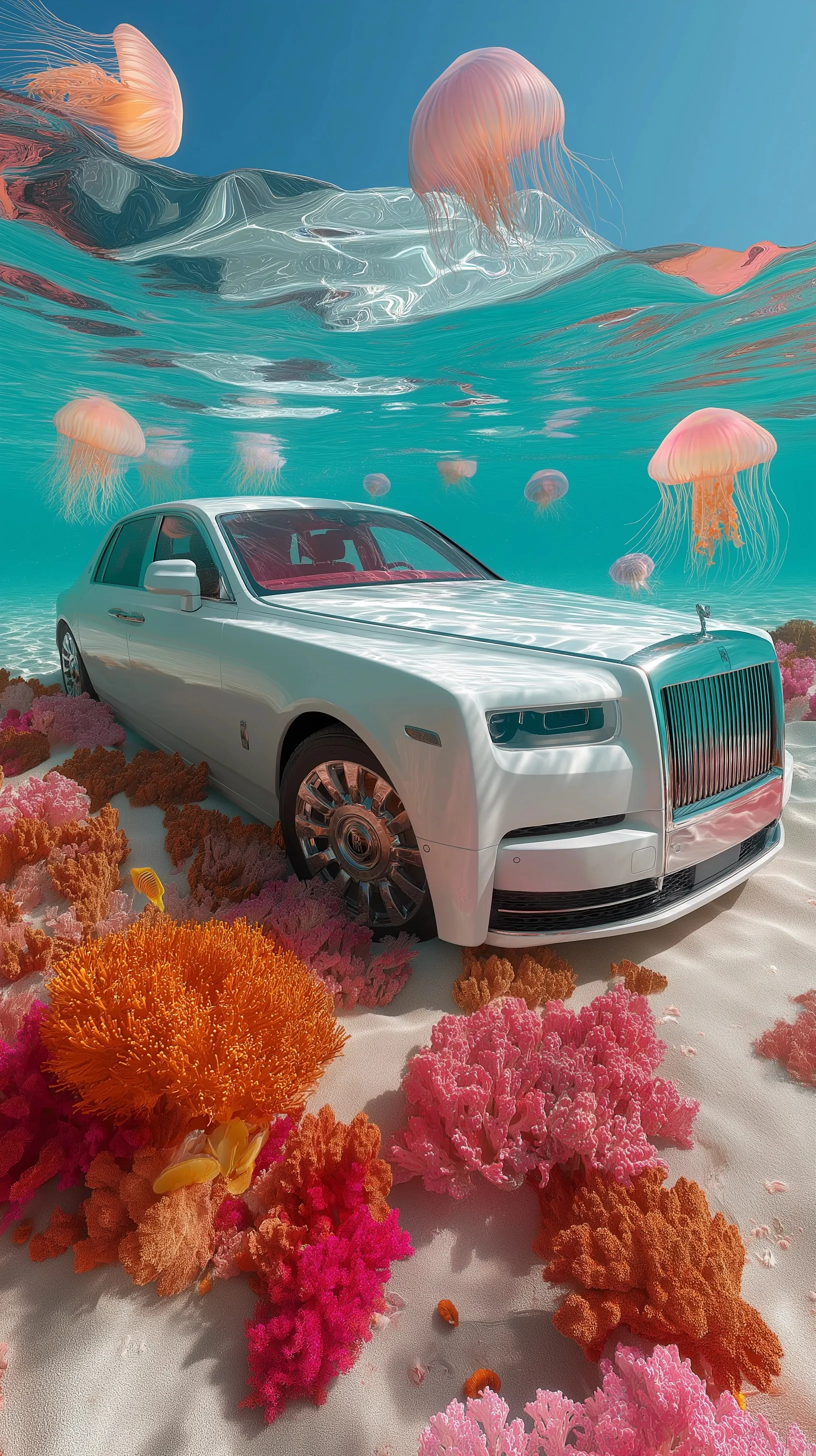 A luxurious white Rolls-Royce Phantom driving on a vibrant tropical ocean floor with coral reefs and jellyfish.