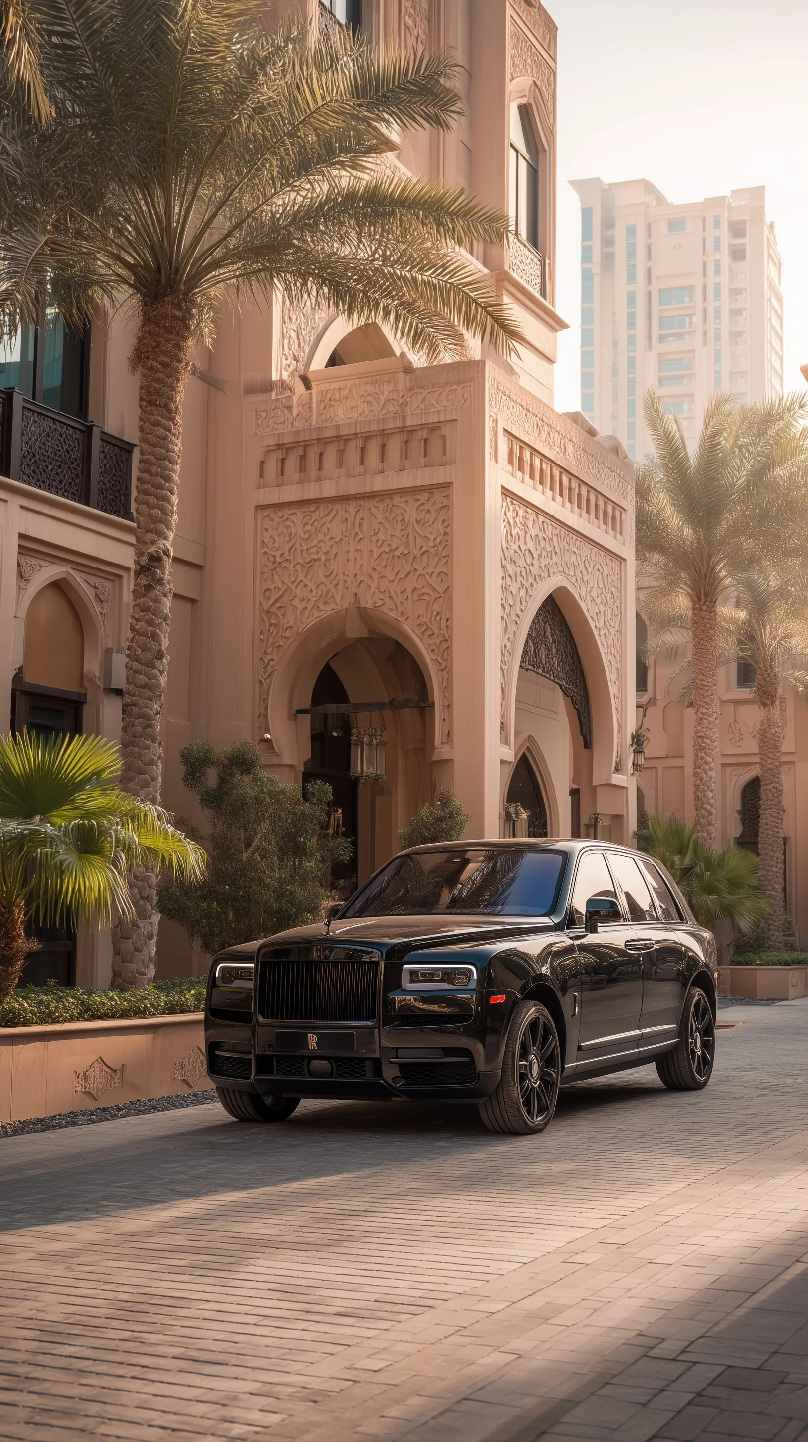 A sleek black Rolls Royce Cullinan arriving at The Address JBR Resort in golden morning light.
