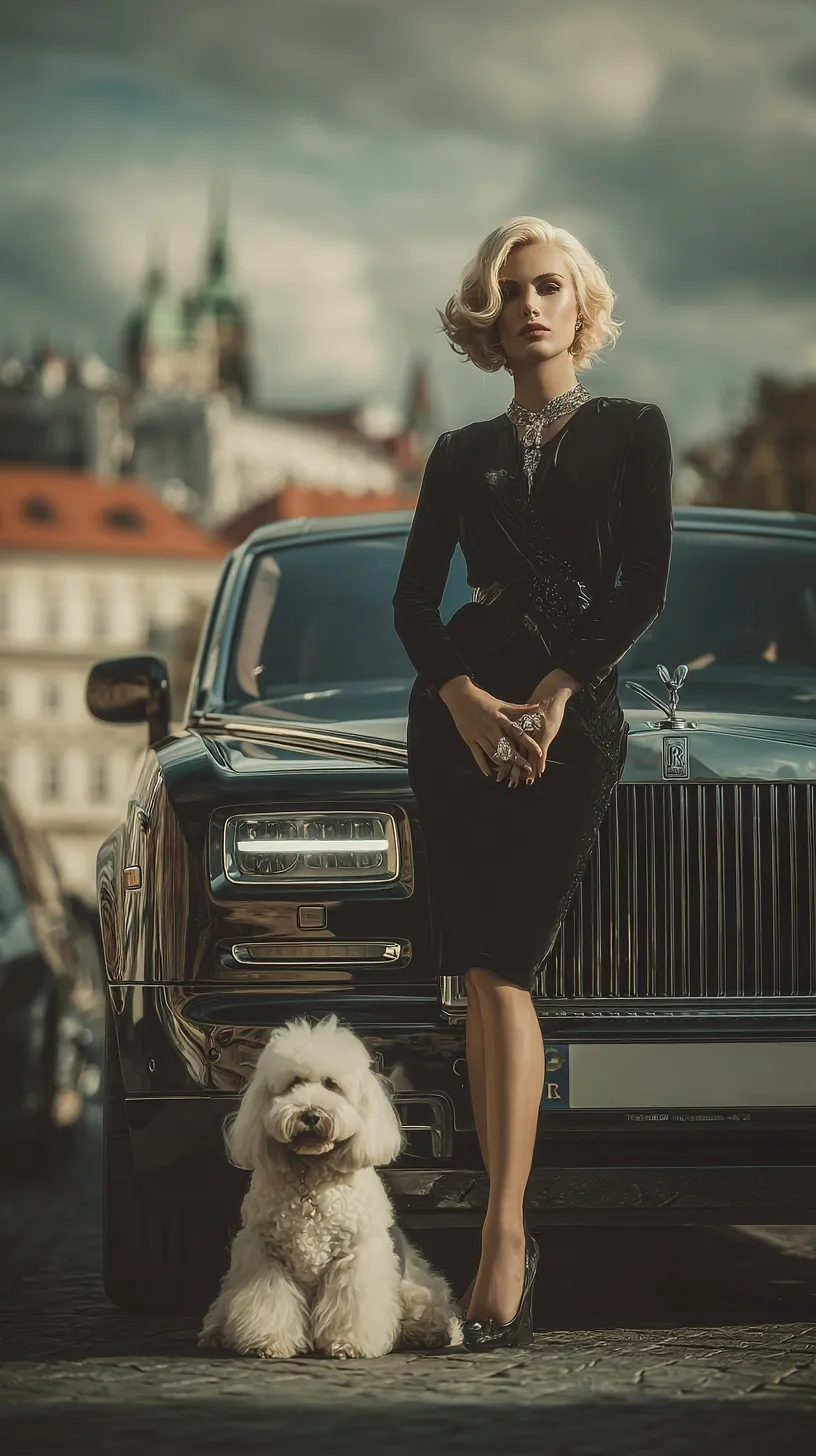 Elegant blonde woman in luxury Rolls Royce with Maltese dog in Vienna, cinematic hyperrealistic portrait.
