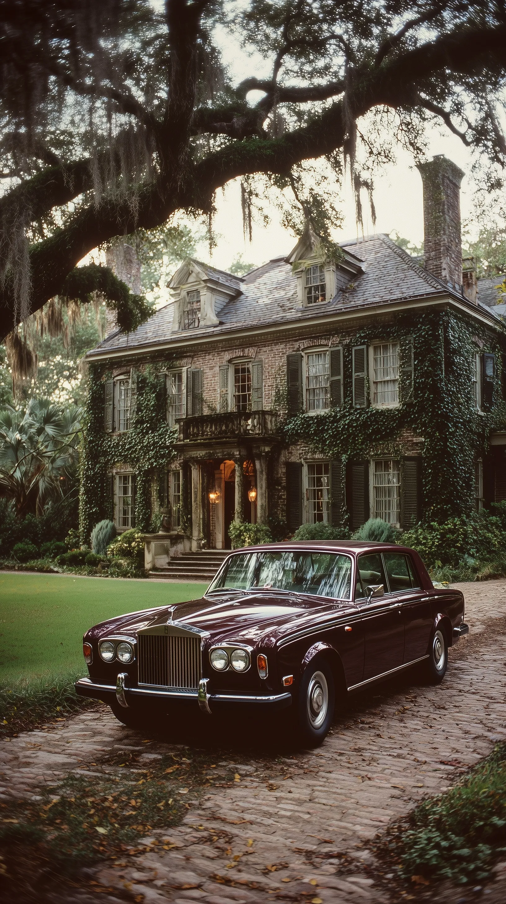 A 1979 burgundy Rolls-Royce Silver Shadow II parked at a vintage Georgian estate for a cinematic iPhone wallpaper.