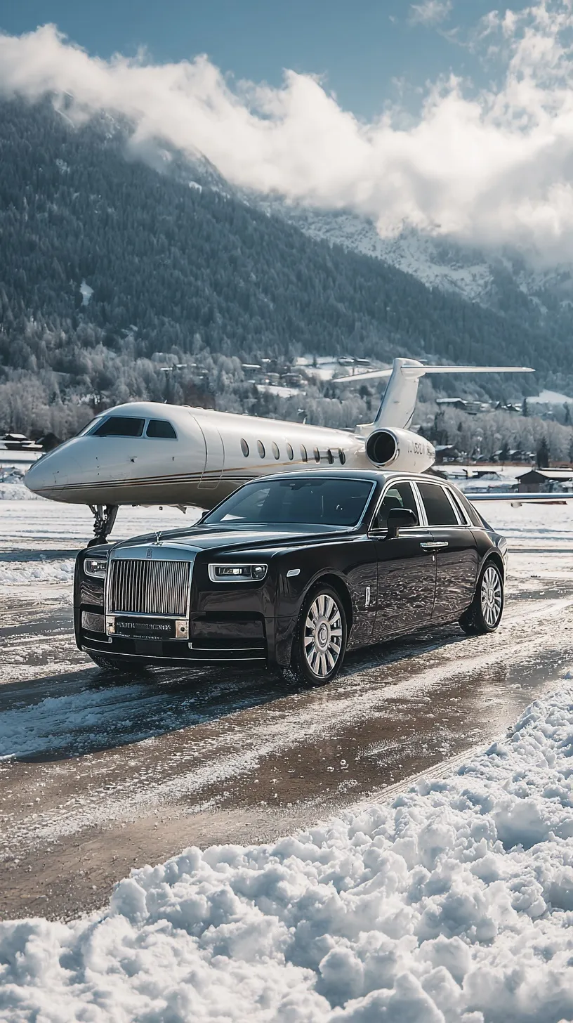Black Rolls-Royce parked near a private jet in the snowy Swiss Alps, luxury winter travel aesthetic.
