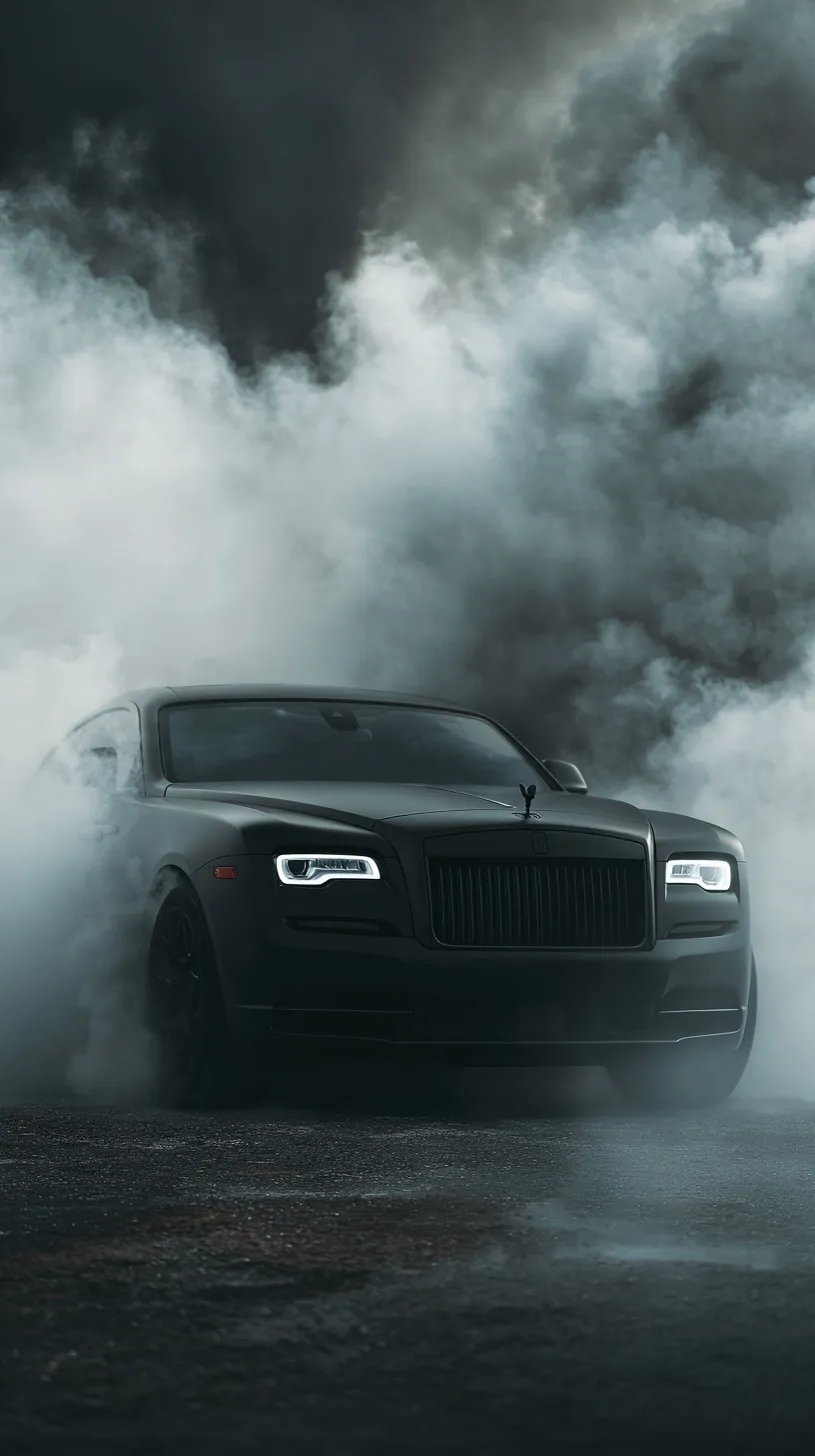 Matte black Rolls-Royce performing a tire burnout in swirling smoke, dark luxury automotive aesthetic.