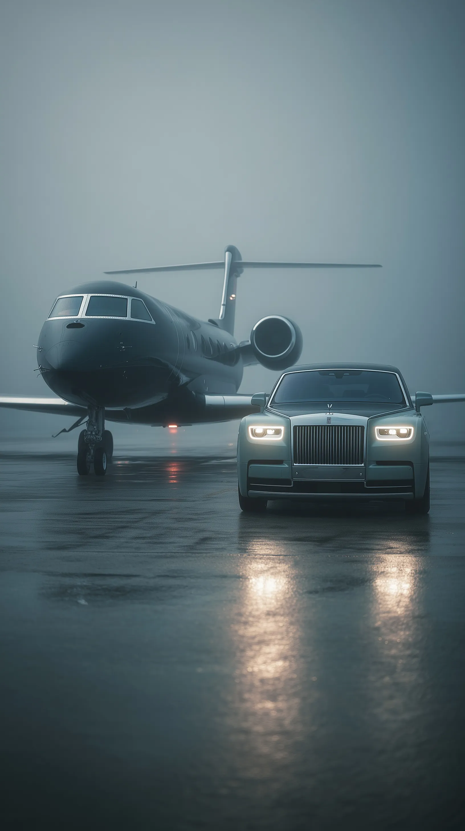 A two-tone Rolls-Royce Phantom parked next to a private jet on a foggy tarmac with wet, reflective ground.