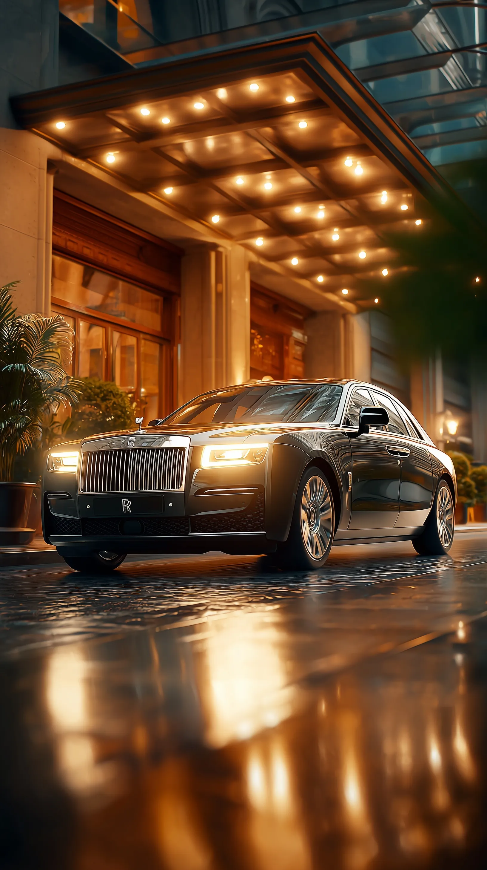 A luxury black Rolls Royce parked at a five-star hotel entrance at night with cinematic golden light reflections.