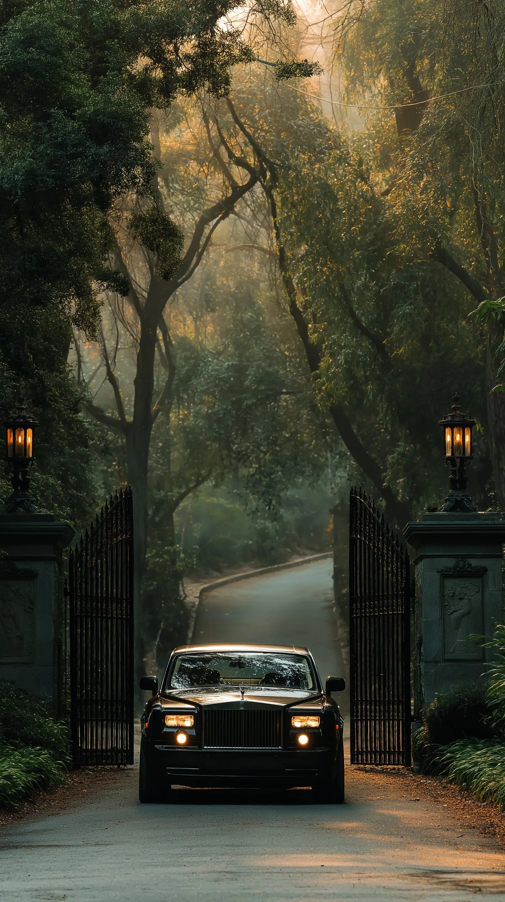 A black 2010 Rolls-Royce waits at a mansion gate at sunrise with a scenic forest road in the background.