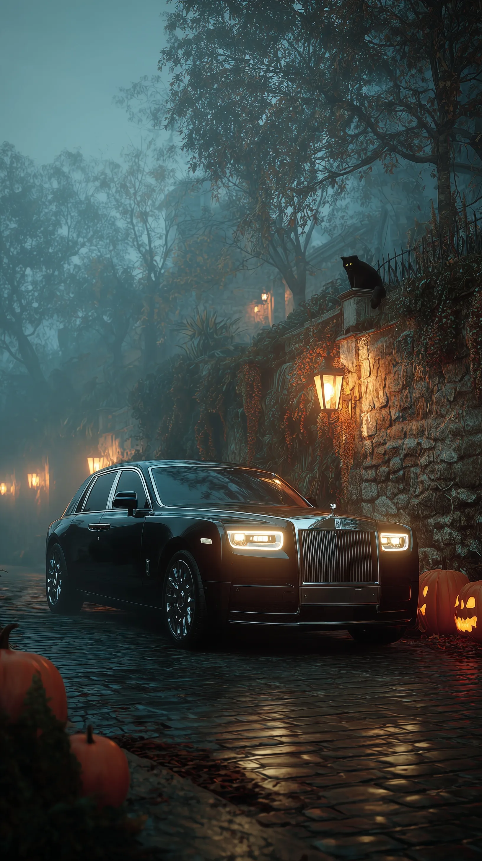 A photorealistic Rolls-Royce Phantom driving on a foggy European stone road with Halloween pumpkins and lanterns.