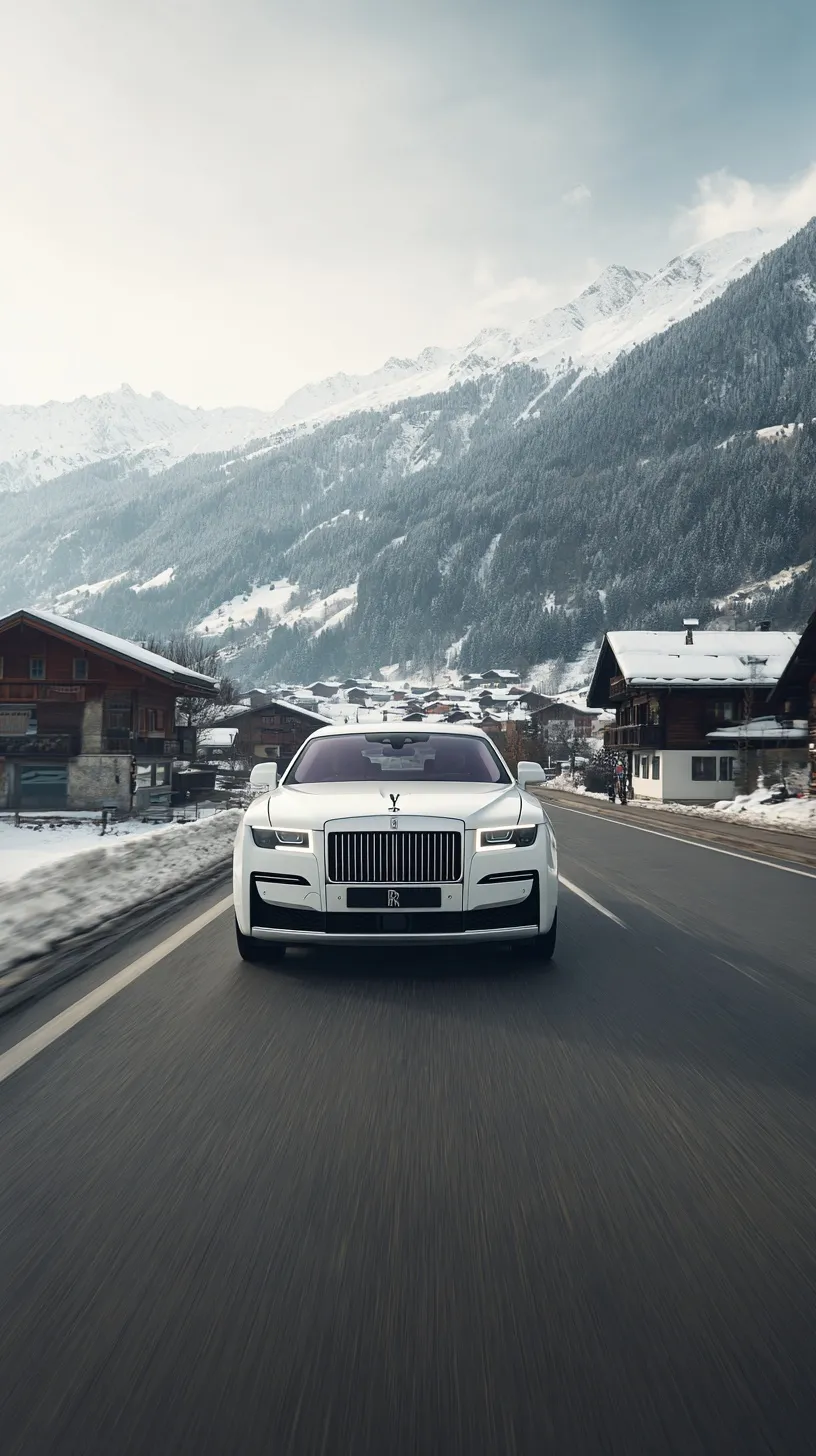 White Rolls-Royce Ghost driving on a snowy Swiss highway with alpine mountains in the background.
