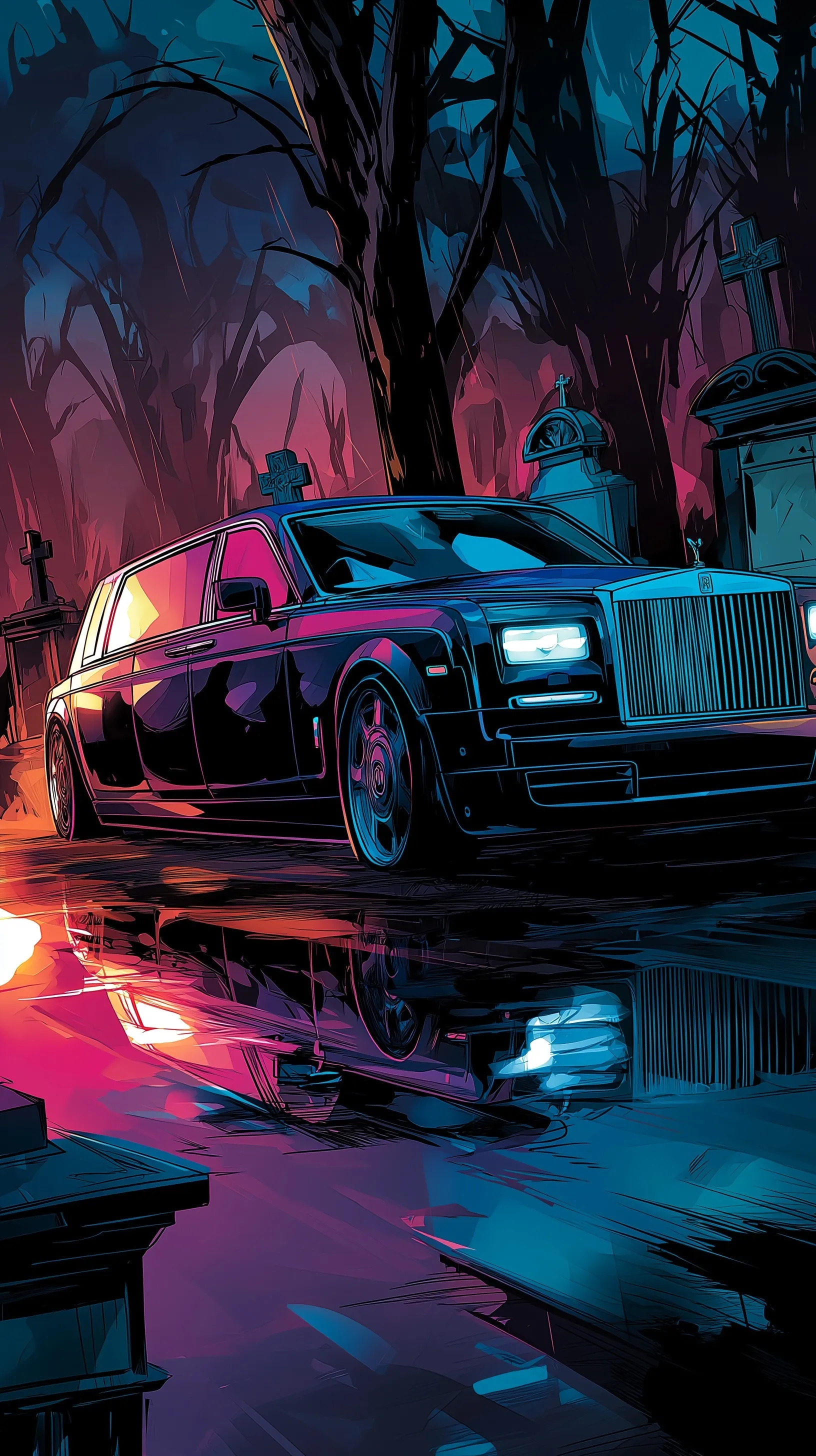 Black Rolls-Royce Phantom hearse parked in a cemetery, featuring cyber-noir neon reflections and comic art style.