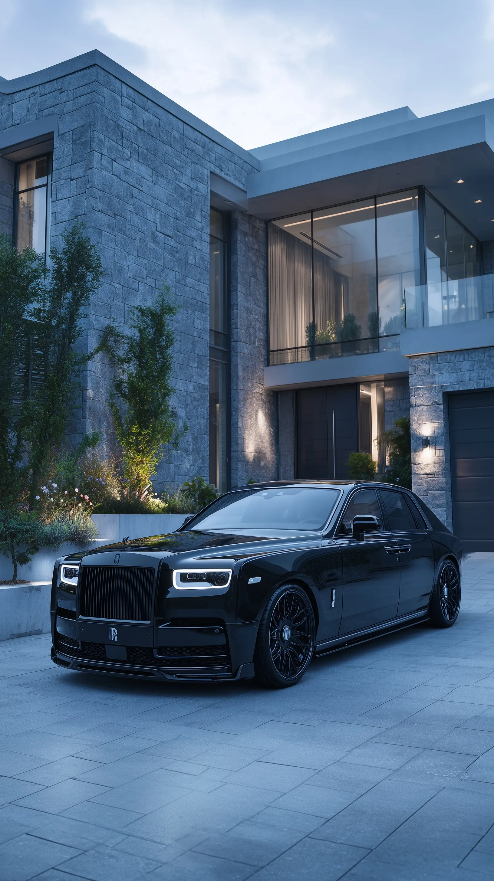 Black Rolls-Royce Cullinan parked in front of a modern luxury villa during blue hour cinematic lighting.