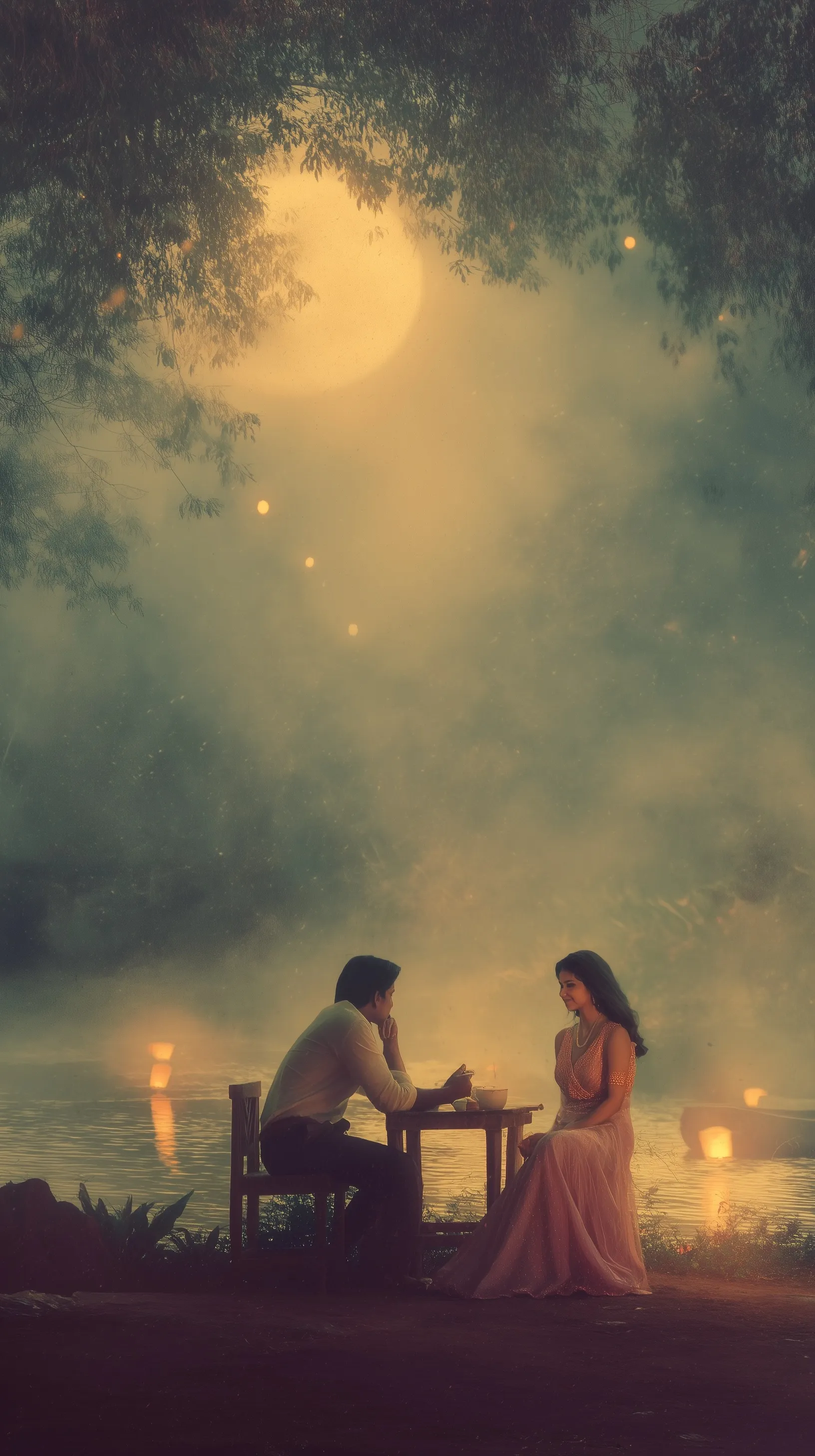 Romantic Bangladeshi couple sitting by a riverside at night under moonlight, vintage cinematic aesthetic wallpaper.