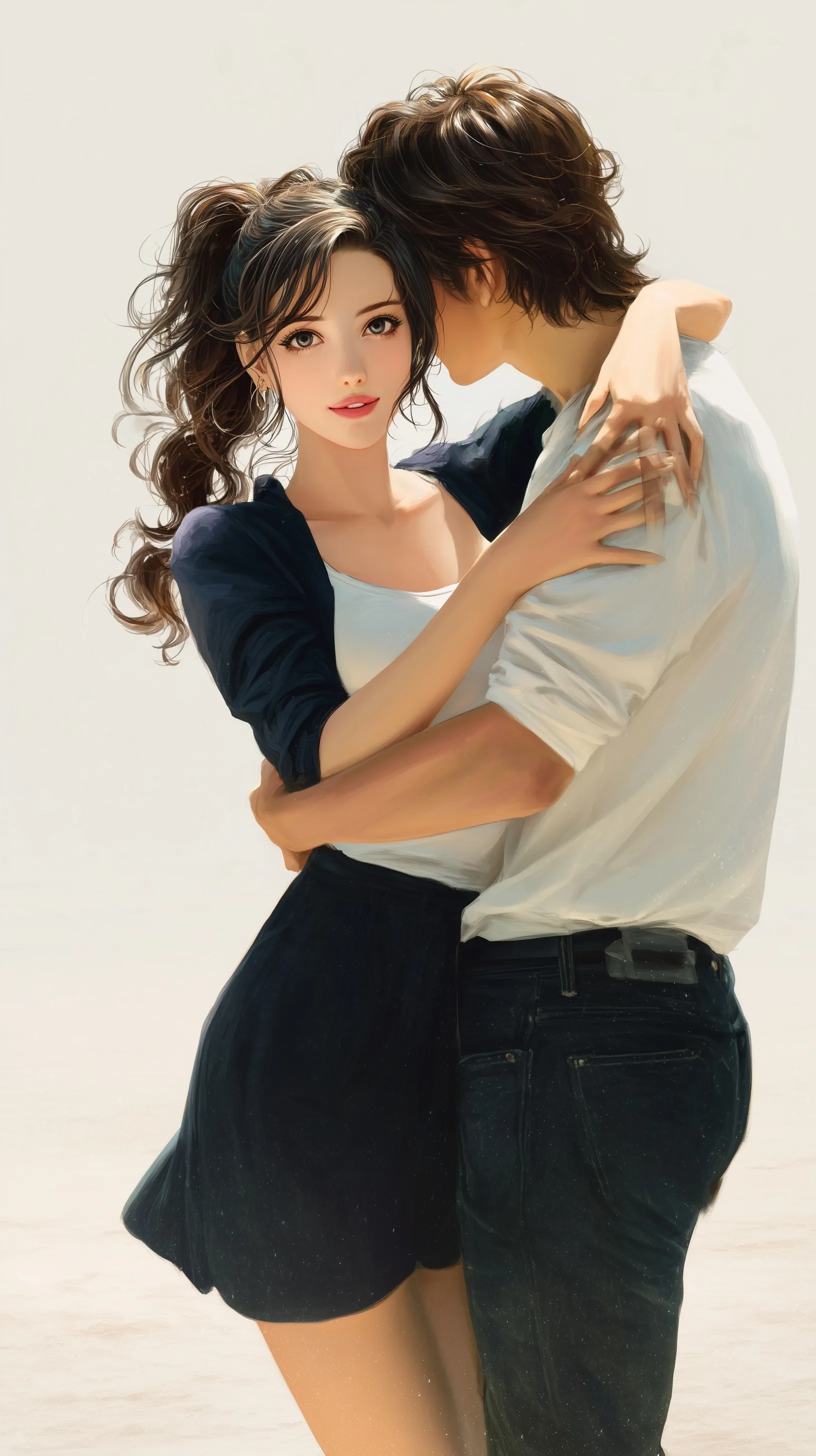 Romantic shoujo anime couple in a loving embrace on sand, perfect for iPhone 17 Pro Max mobile wallpaper.