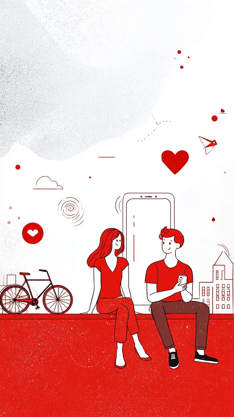 Minimalist red and white line art of a romantic couple, perfect aesthetic mobile wallpaper for iPhone 17 Pro Max.