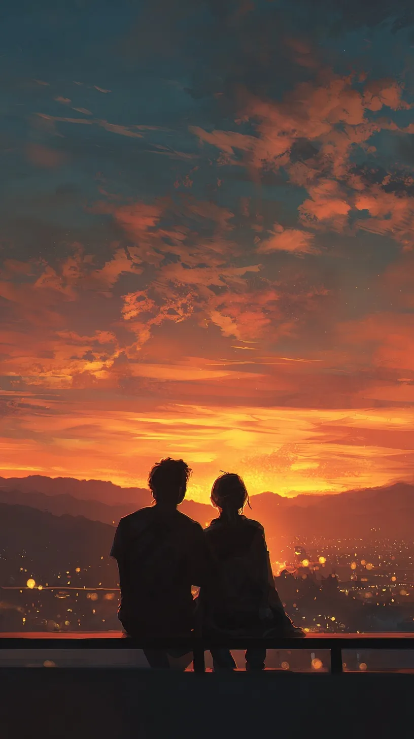 Romantic couple watching a golden sunset from a rooftop, aesthetic mobile wallpaper for iPhone 17 Pro Max.
