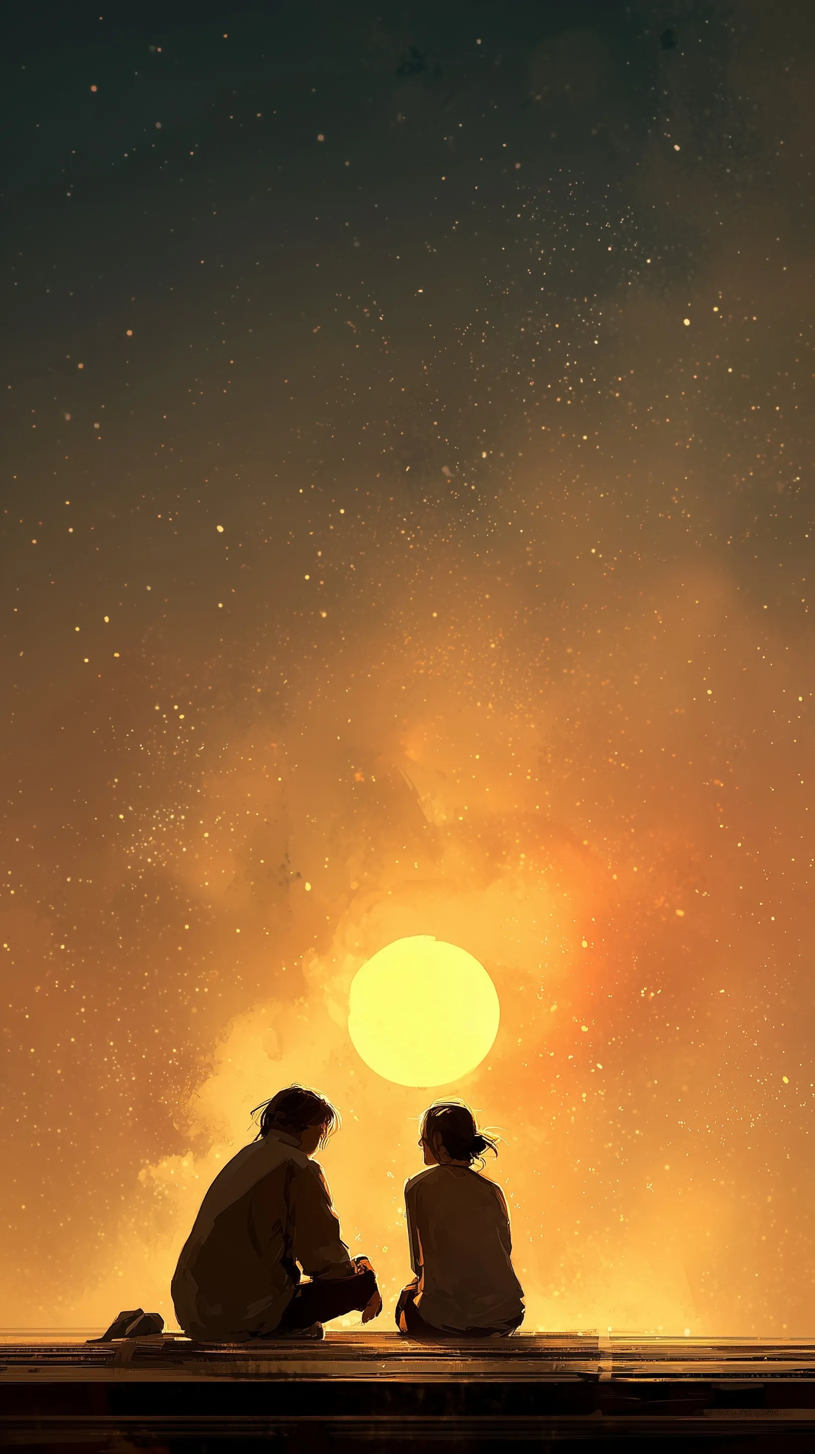 Romantic couple sitting together under a starlit moonlit sky, creating an aesthetic, emotional mobile wallpaper.