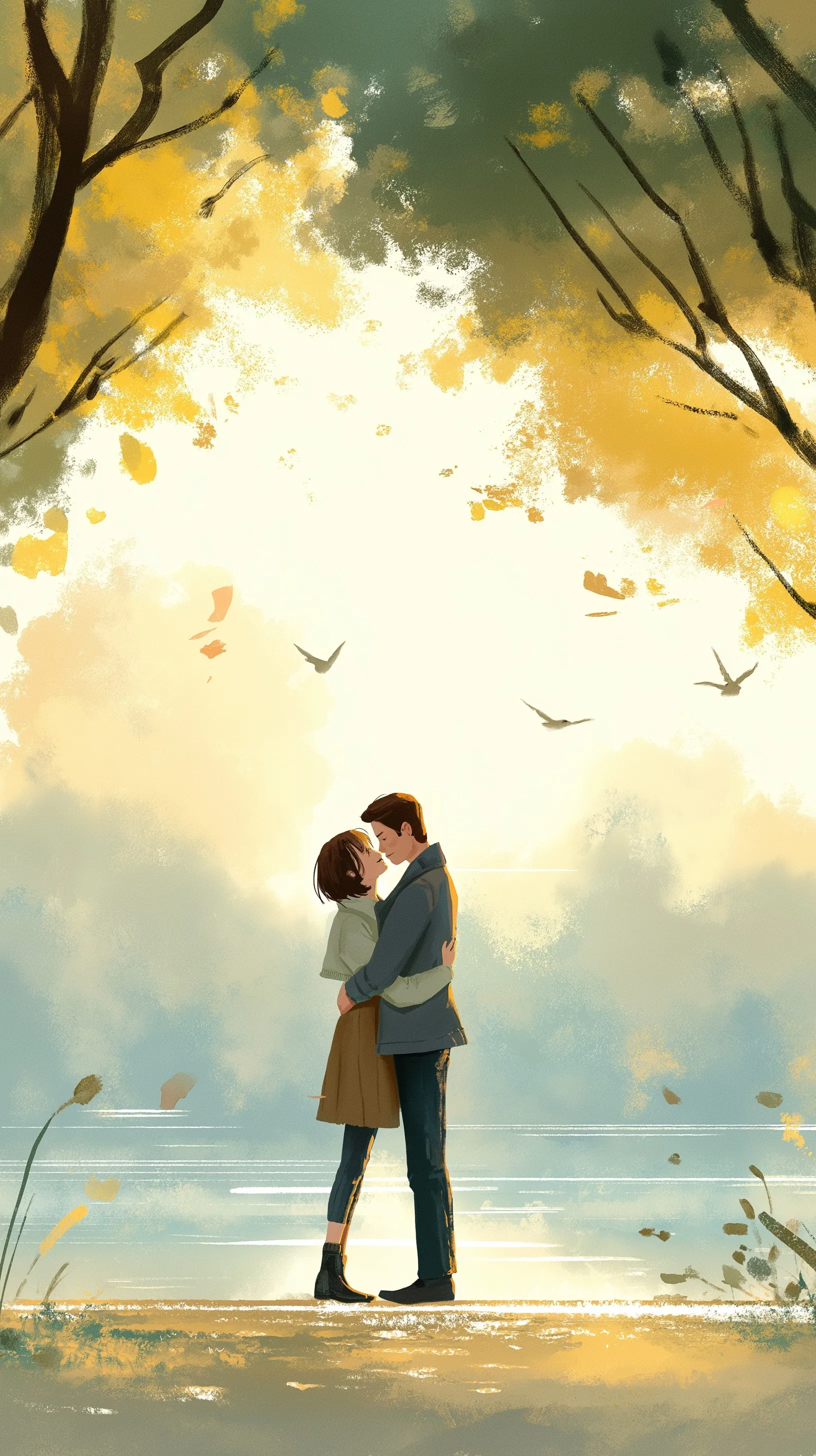 Romantic couple kissing and hugging in a sunny park with a lake, realistic mobile wallpaper.