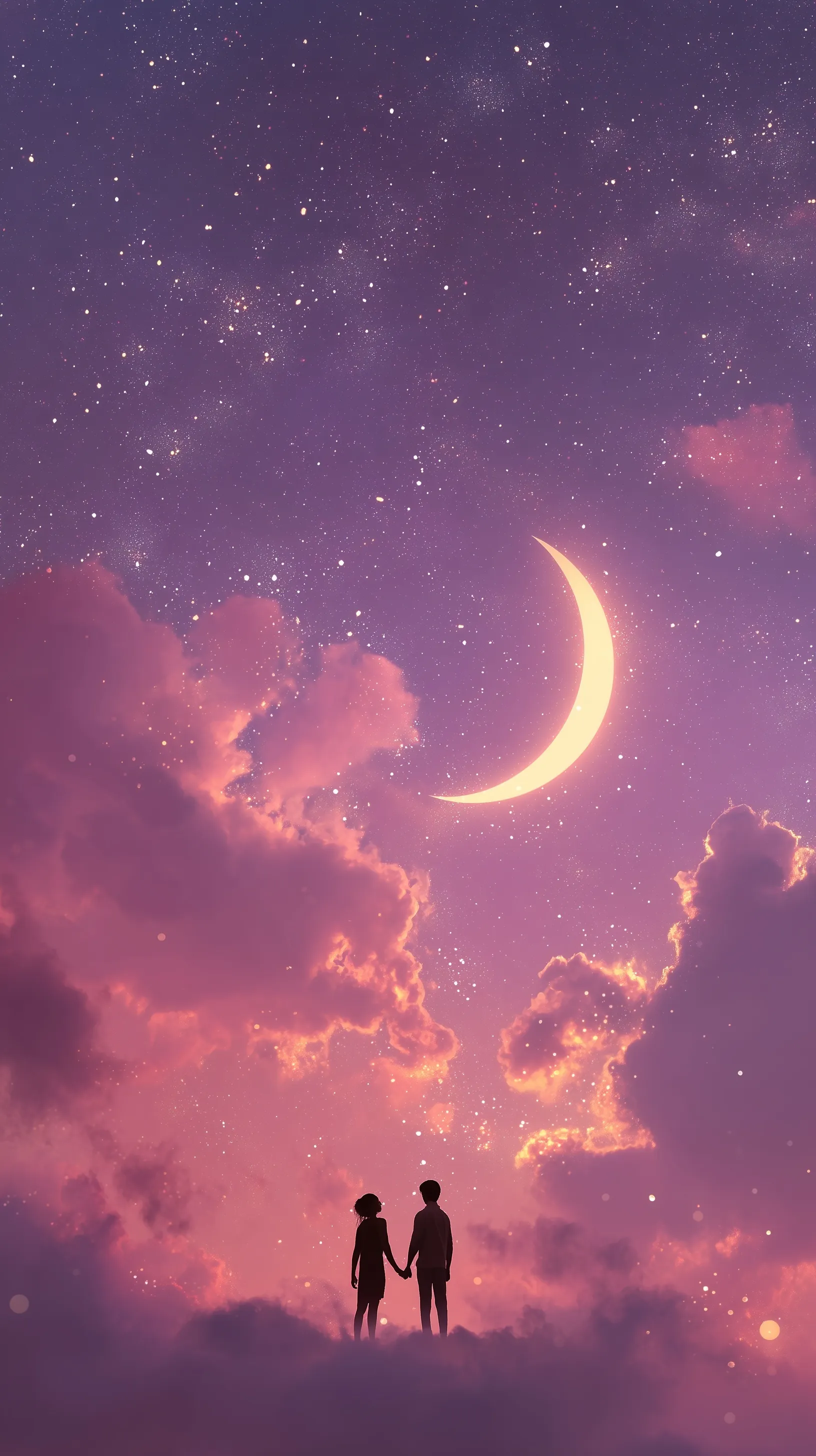 Romantic silhouette of a couple holding hands under a glowing crescent moon with sparkling stars and dreamy clouds.