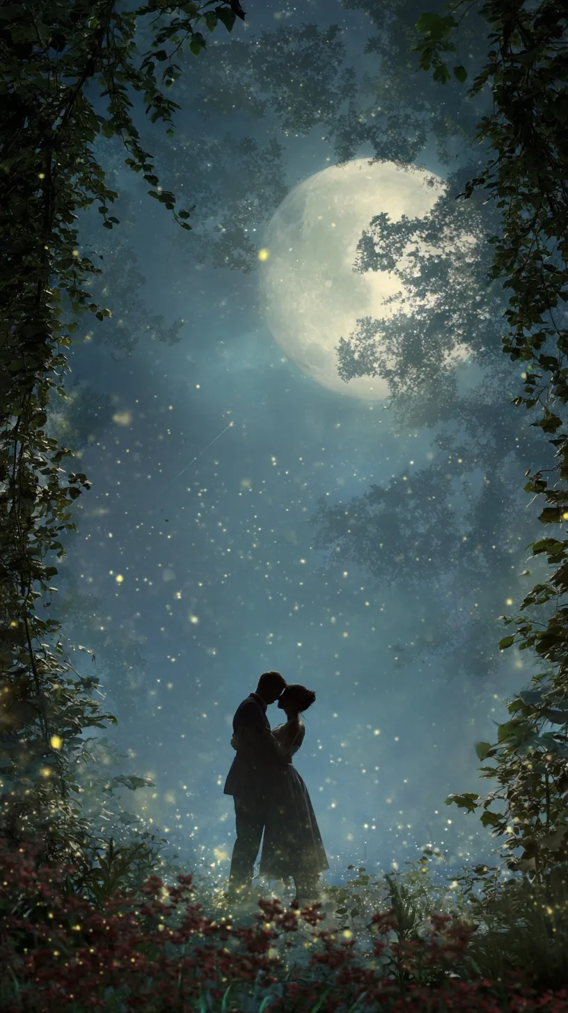 Romantic couple slow dancing under a starry moonlit forest sky with fireflies, flowers, and a natural vine border.