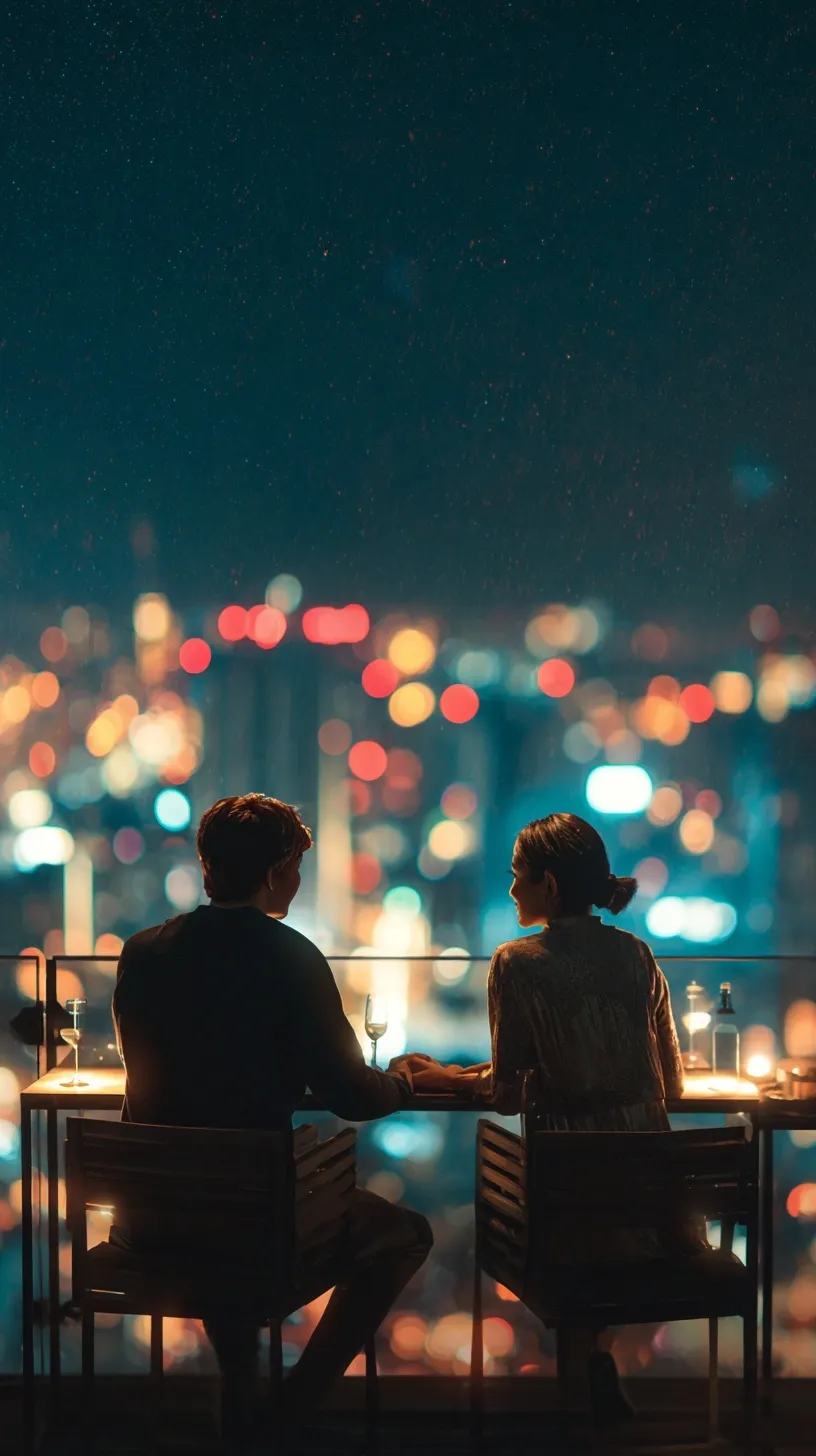 Romantic couple holding hands at a rooftop bar with city lights in the background for mobile wallpaper.