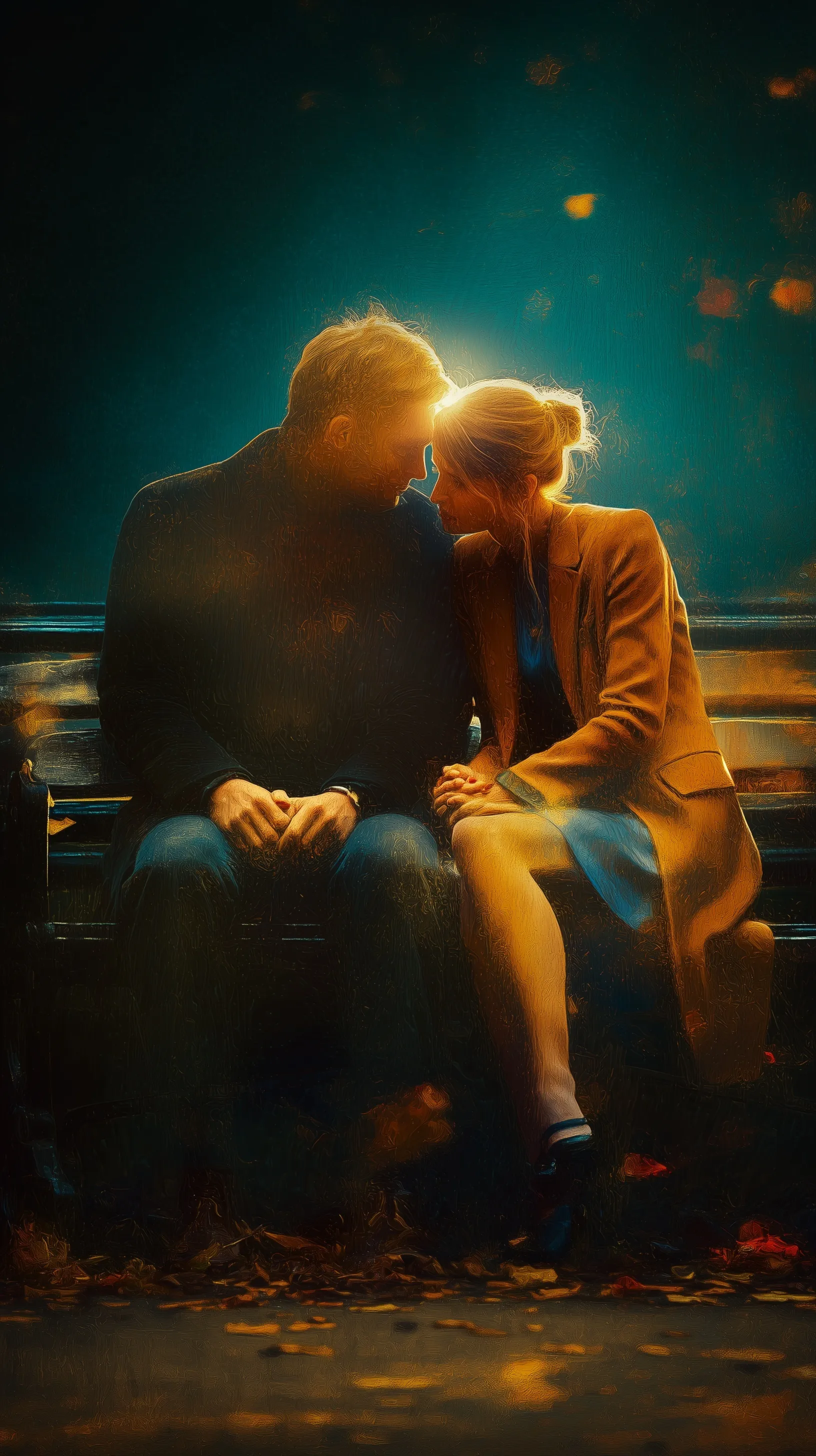 A middle-aged couple holding hands on a park bench during golden hour, cinematic romantic mobile wallpaper portrait.