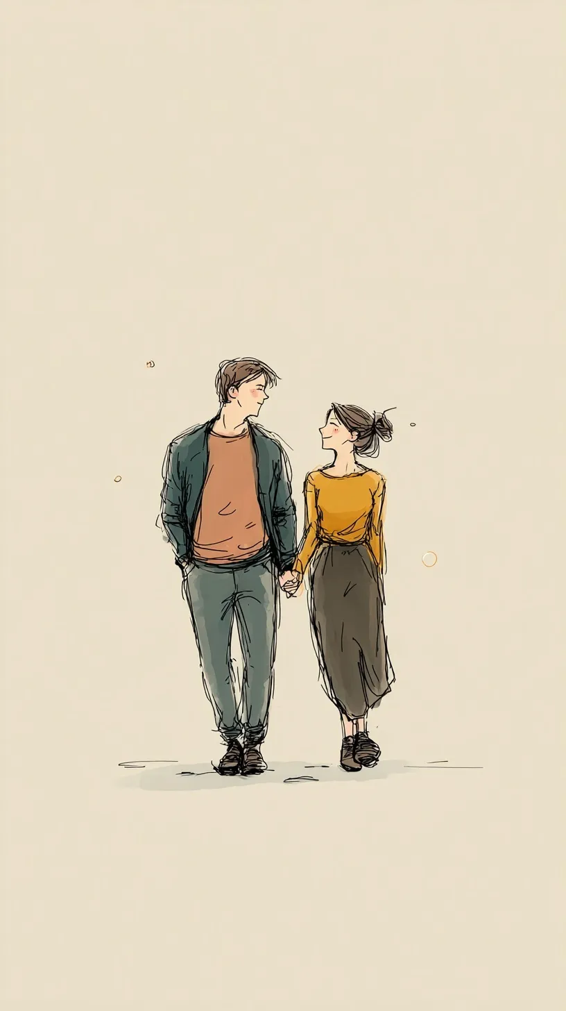 A romantic couple illustration in a minimalist ink wash style, perfect for a cute iPhone 17 Pro Max wallpaper.