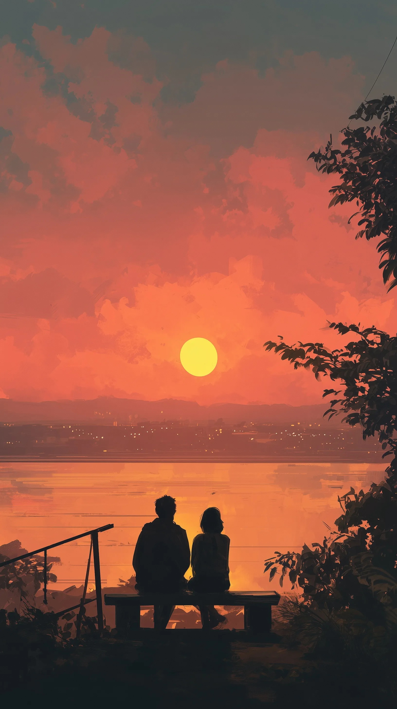 A romantic couple watching a beautiful sunset together, creating a cozy and aesthetic mobile wallpaper vibe.