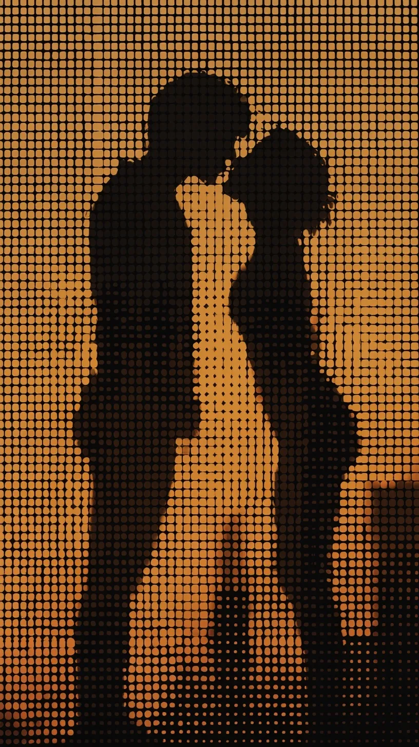 Romantic silhouette of a couple kissing against a sunset, aesthetic mobile wallpaper for iPhone 17 Pro Max.