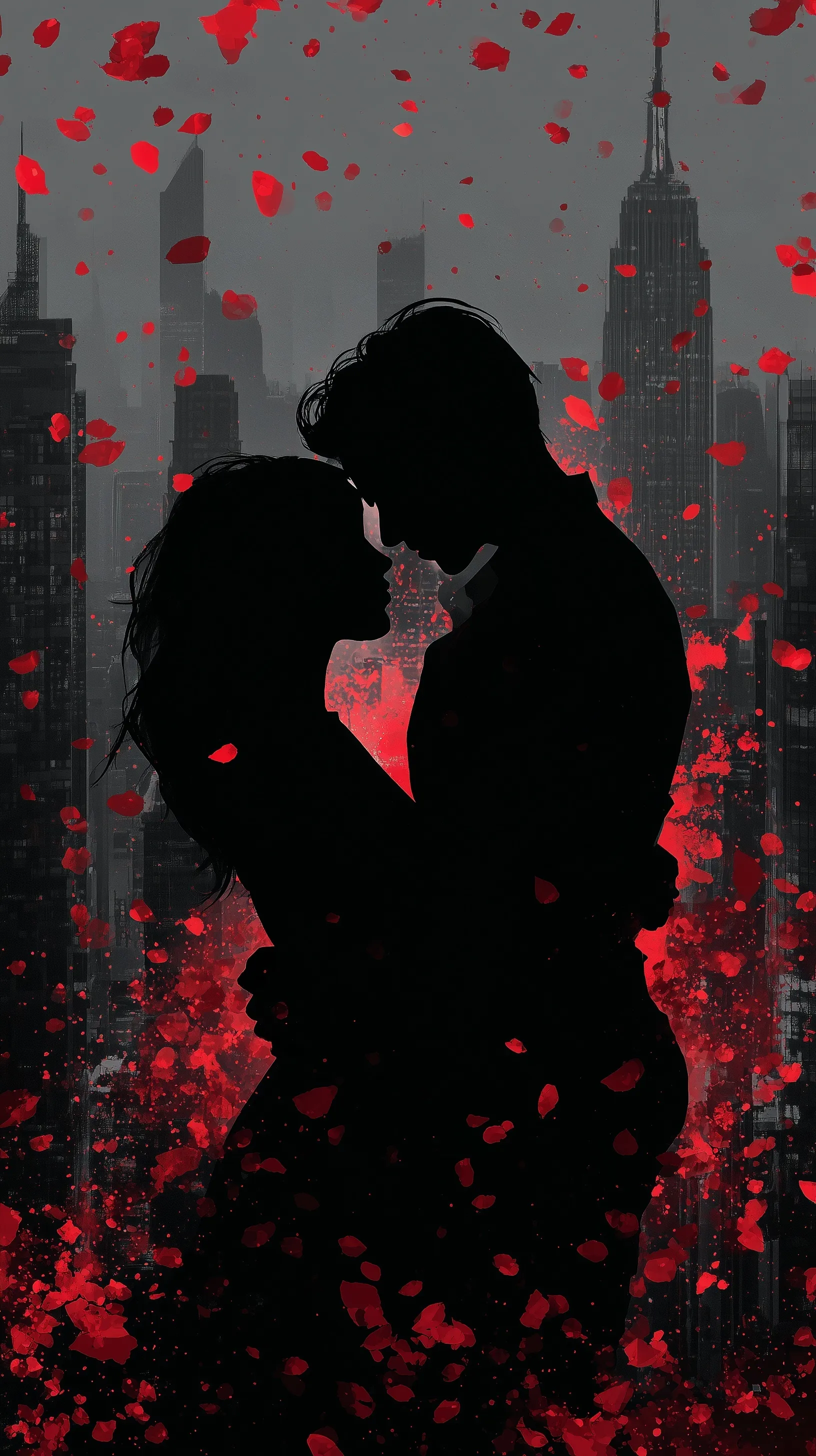 Blackout couple embracing against a city skyline with falling red roses for romantic mobile wallpaper.