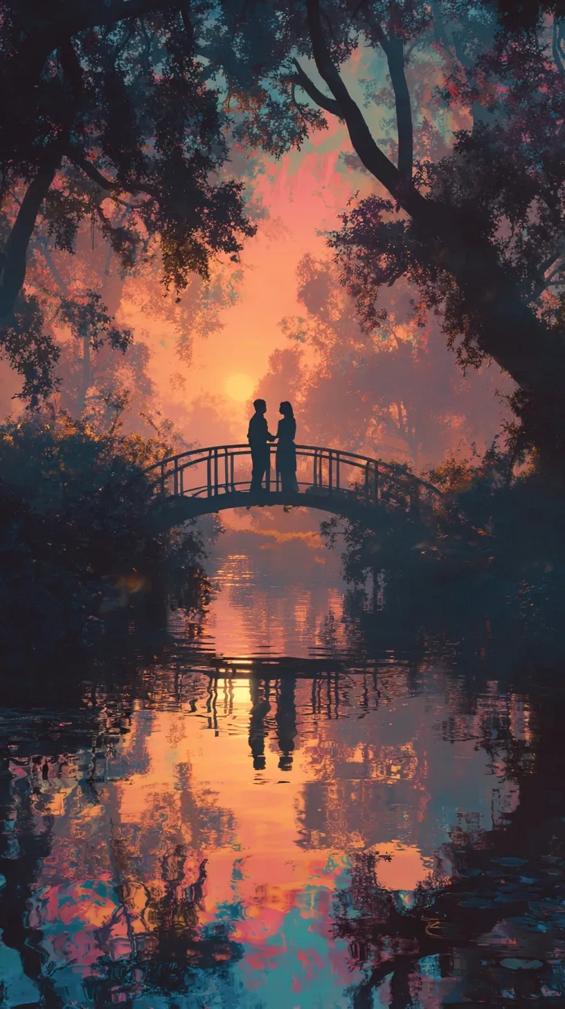 Silhouetted couple on a bridge at sunset with dreamy water reflections, perfect aesthetic mobile wallpaper background.