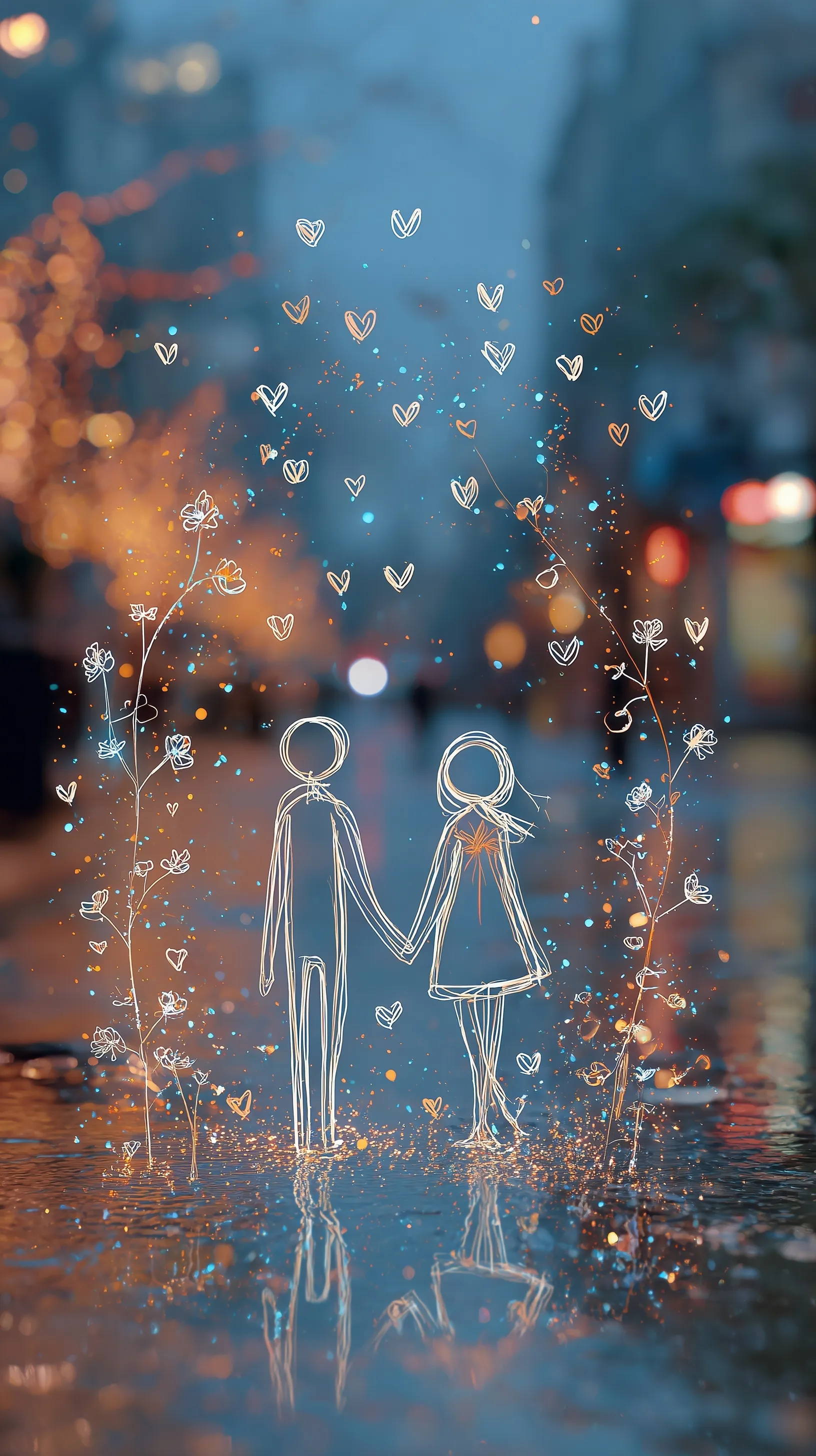 Continuous-line art of a romantic couple holding hands with glowing hearts on a rainy, dreamlike street background.