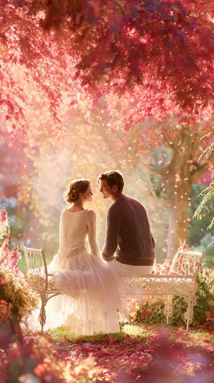 Romantic Japanese couple sitting on a garden bench surrounded by autumn maple leaves, golden lighting, mobile crop.