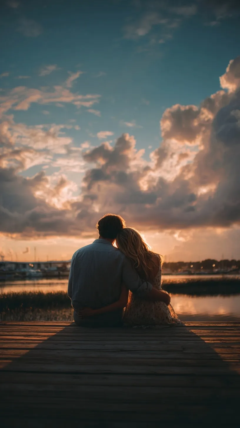 Newlywed couple holding hands on a bridge at sunset with warm cinematic lighting for iPhone mobile wallpaper.