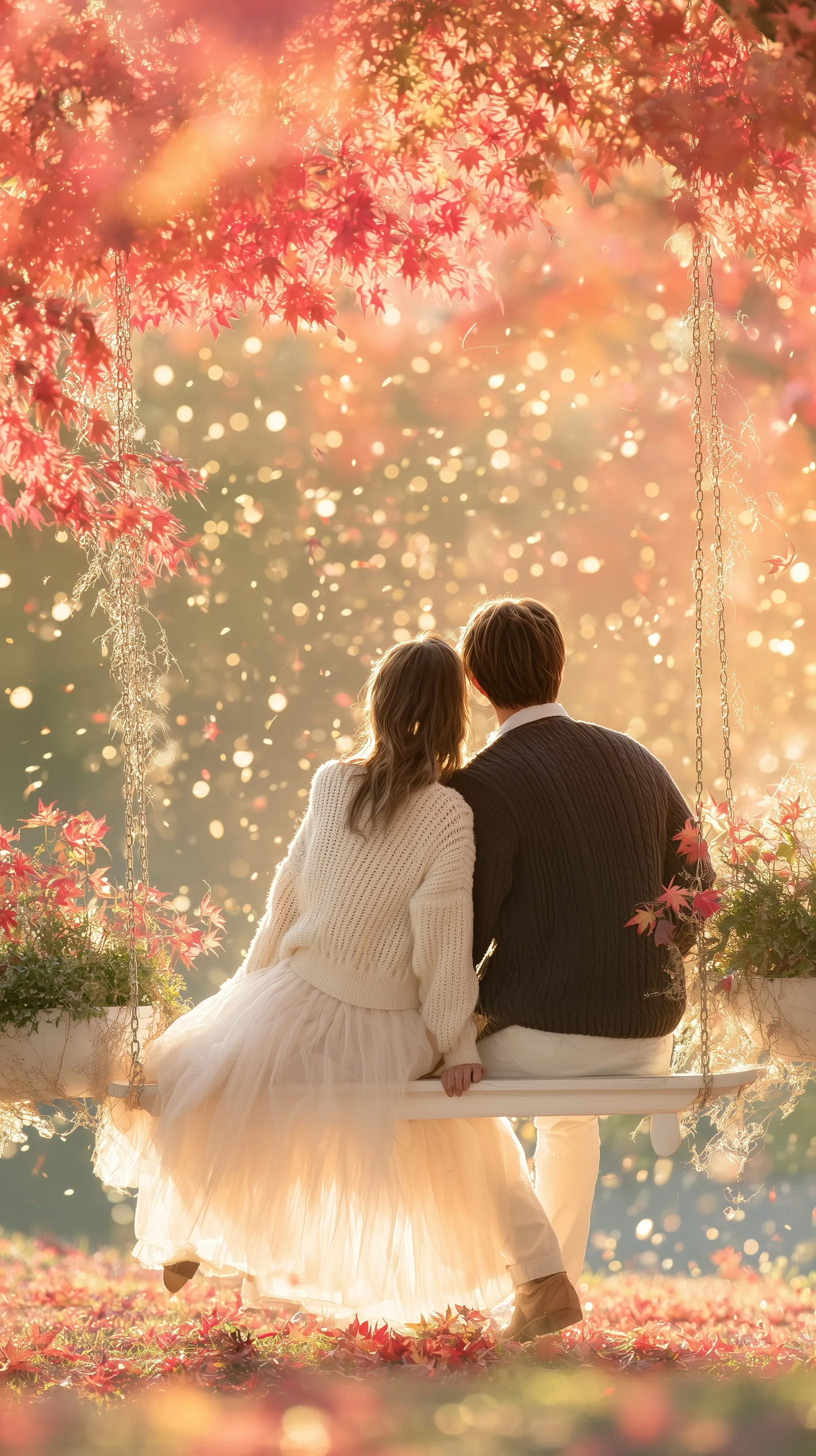 Romantic Japanese couple sitting on a garden bench surrounded by falling red maple leaves in autumn golden sunlight.
