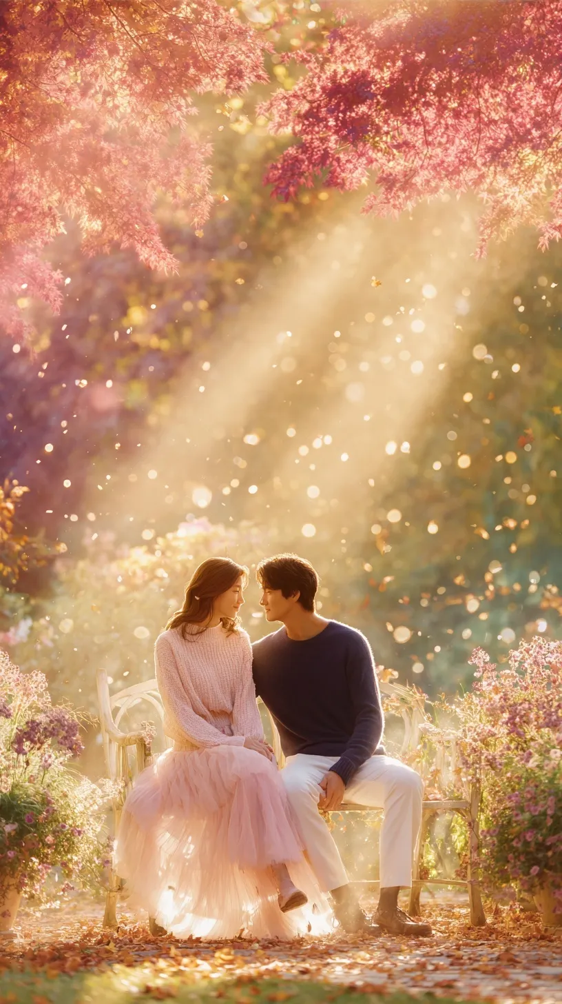 Japanese couple in a romantic autumn garden with red maple leaves, perfect for iPhone 17 Pro Max wallpaper.