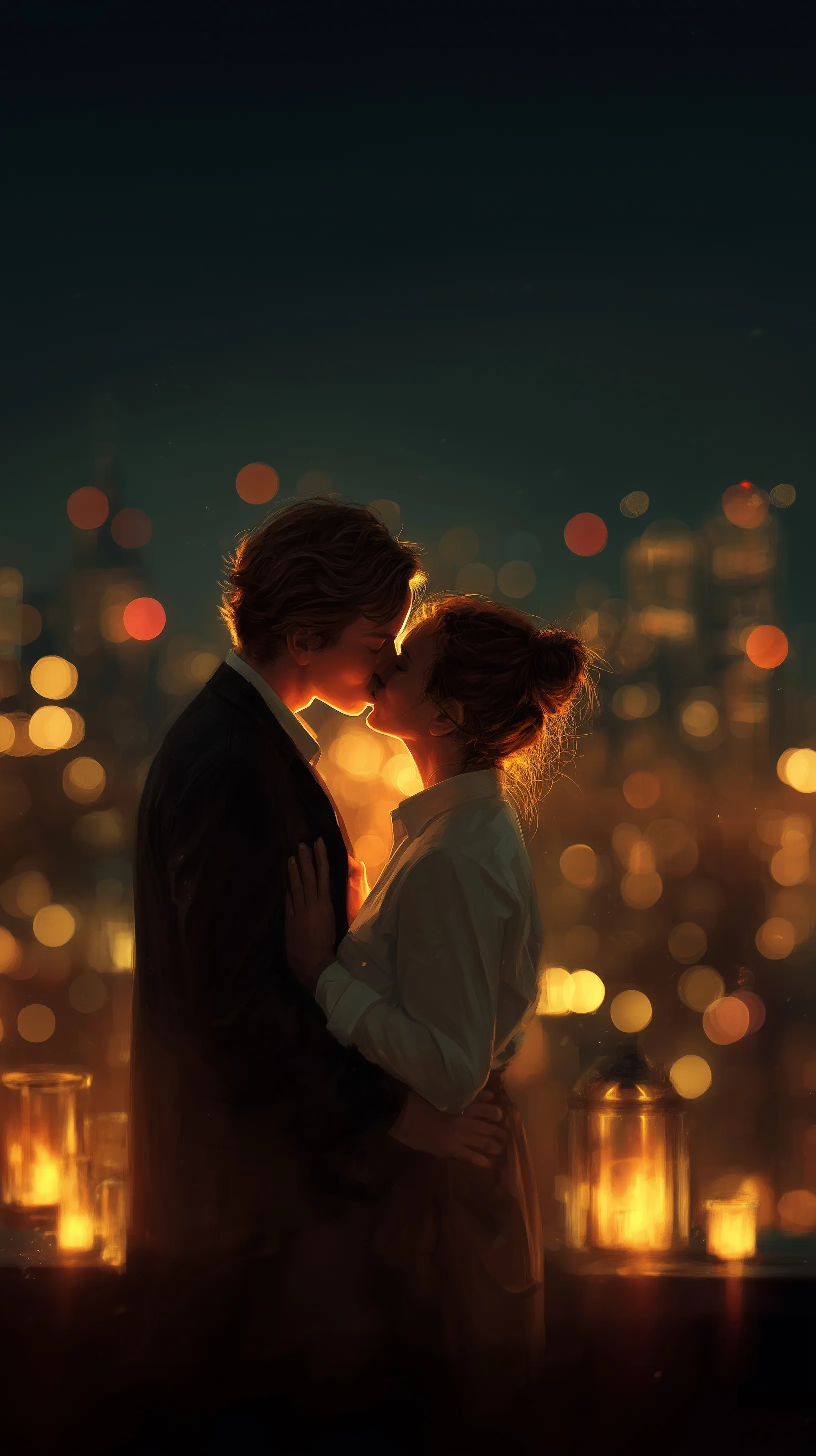 Romantic couple kissing on a city rooftop at night with cinematic golden bokeh lighting for mobile wallpaper.