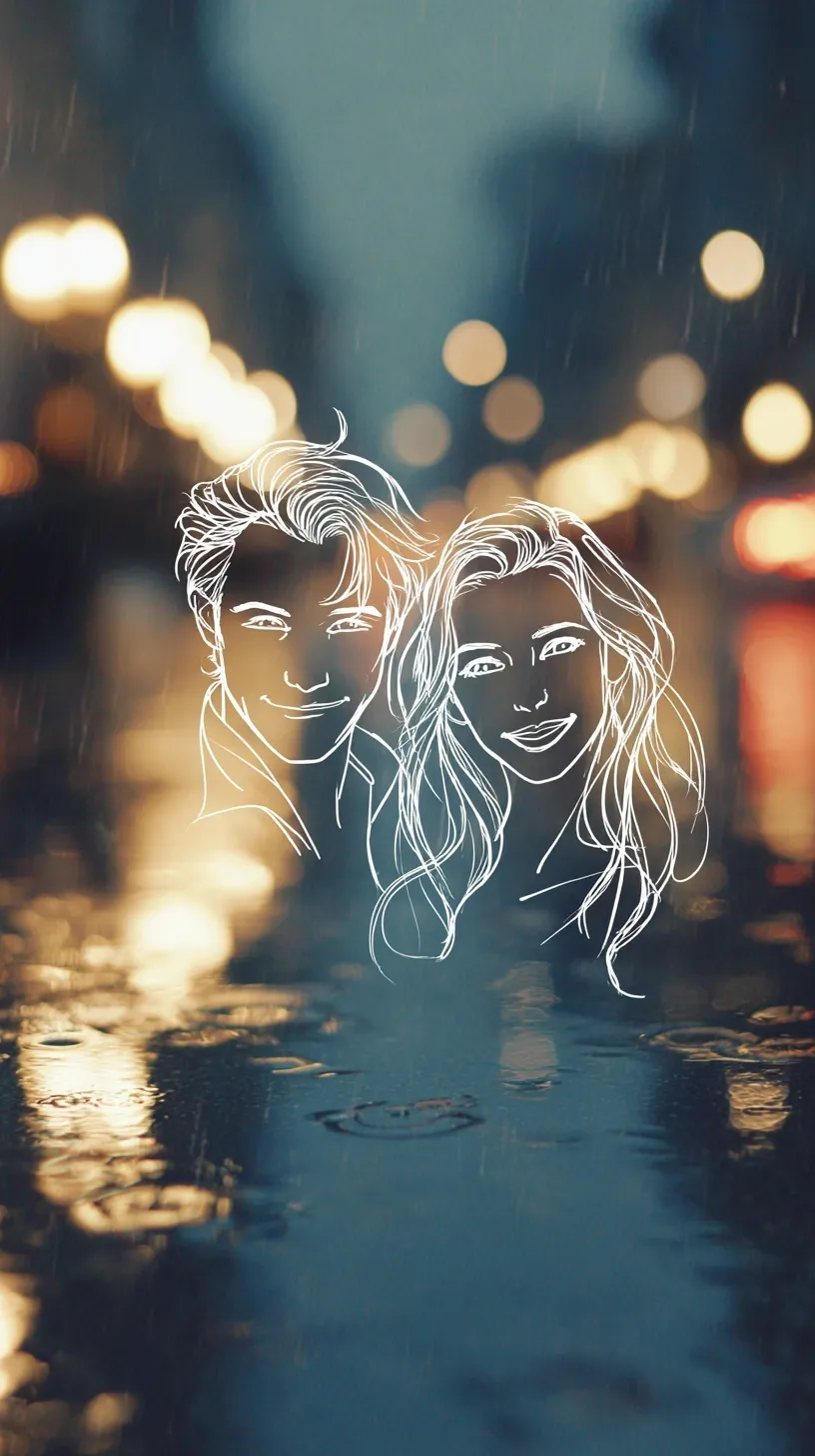White line art of a romantic couple on a dreamy, rain-soaked twilight street, perfect for mobile wallpaper.