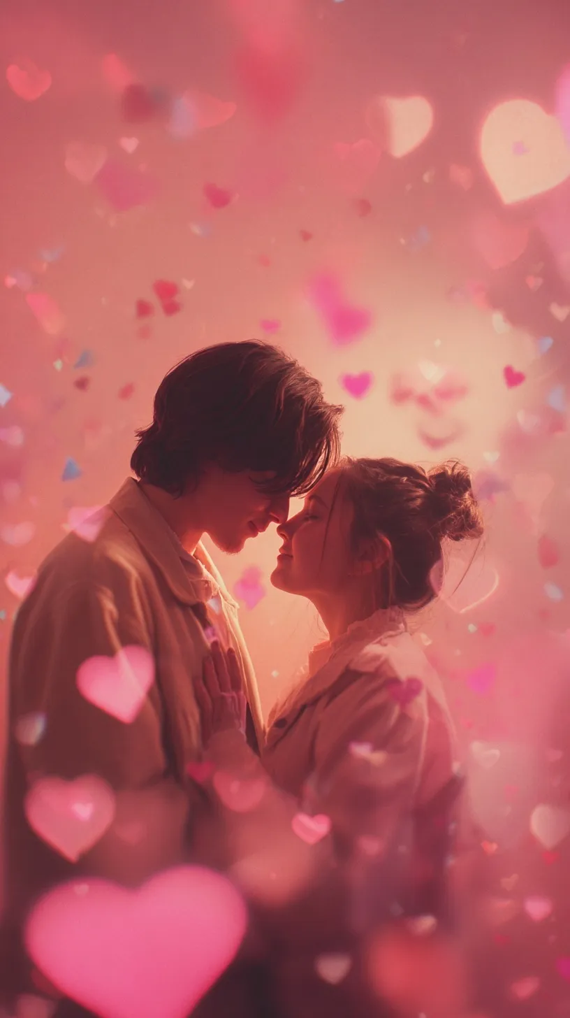 Romantic couple posing against a pink heart wall with dreamy floating bokeh for iPhone 17 Pro Max mobile wallpaper.