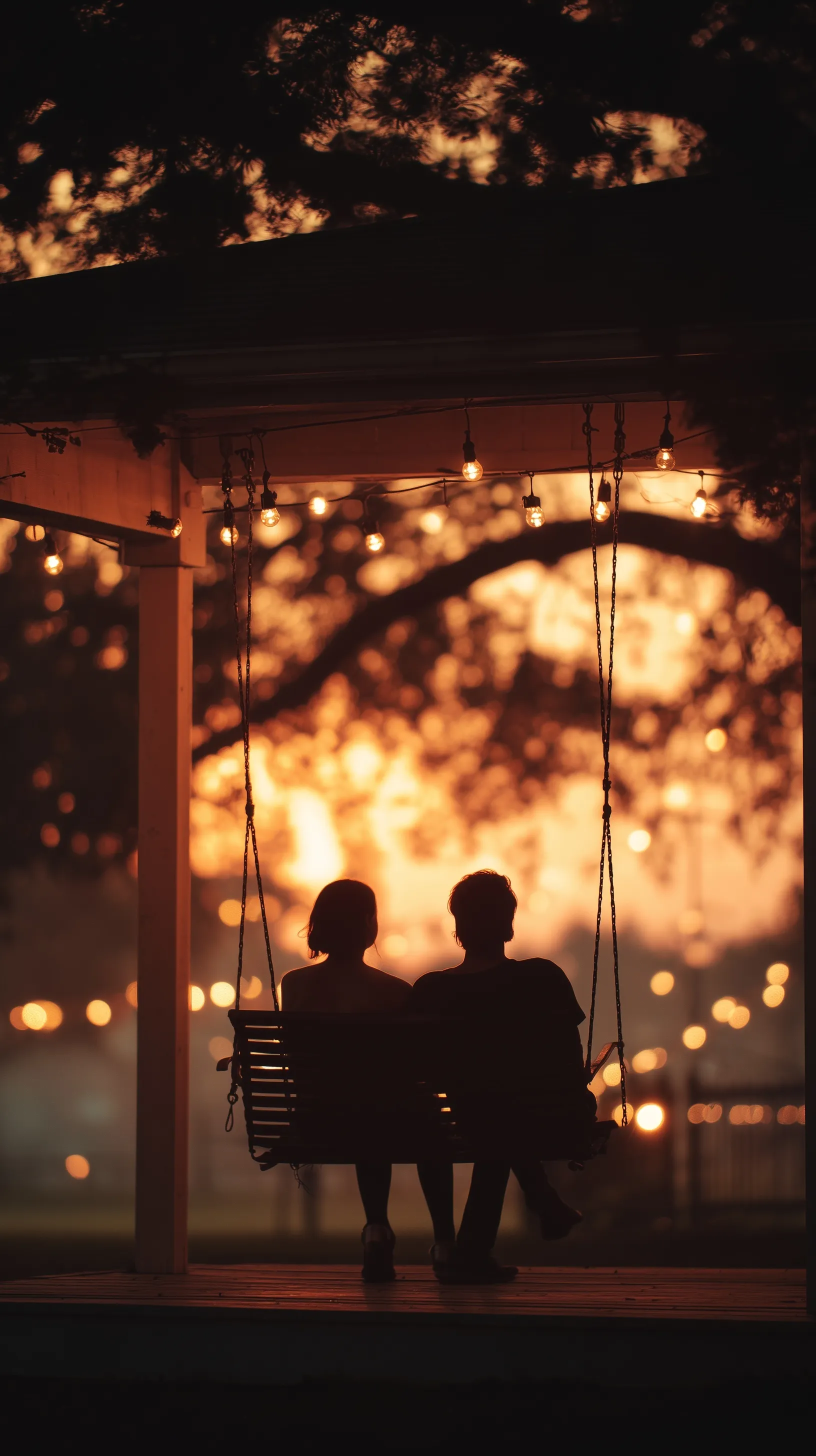 Romantic couple silhouette on a porch swing during golden hour with dreamy bokeh lights for mobile wallpaper.