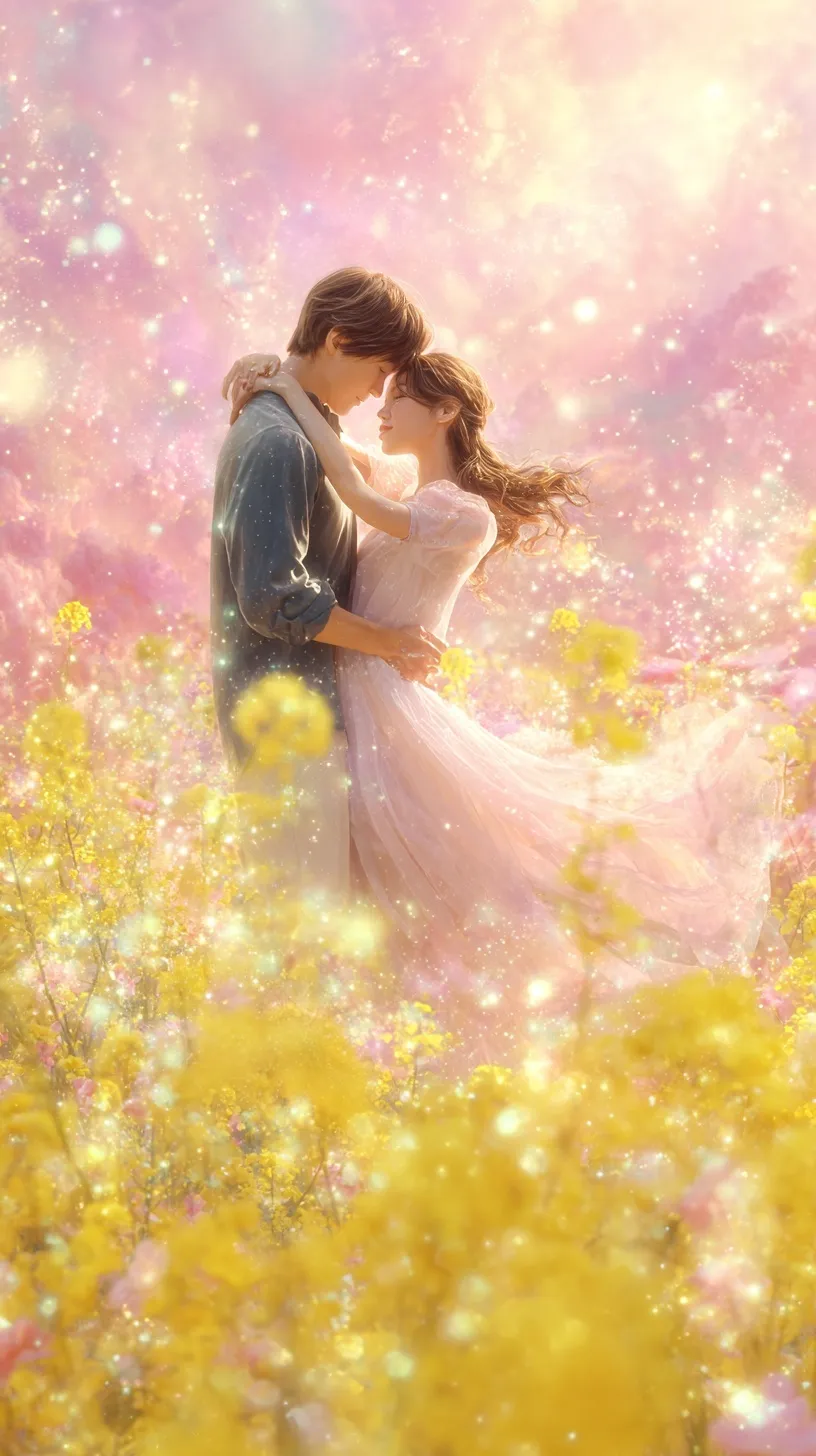 Romantic couple embracing in a field of yellow rapeseed and pink peach blossoms, soft spring sunlight, mobile wallpaper.