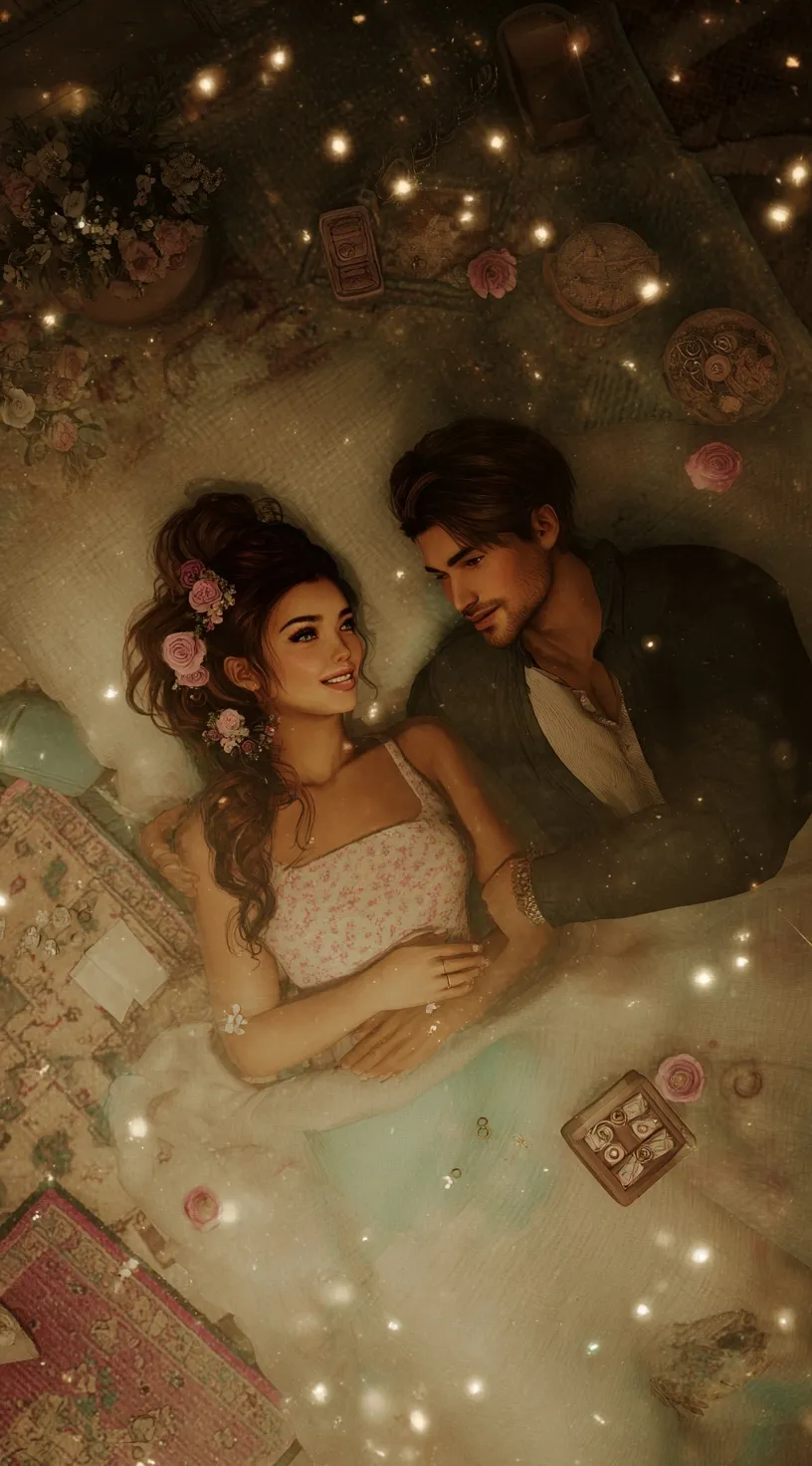 Romantic couple lying on a bed surrounded by wedding rings and fairy lights, aesthetic mobile wallpaper design.