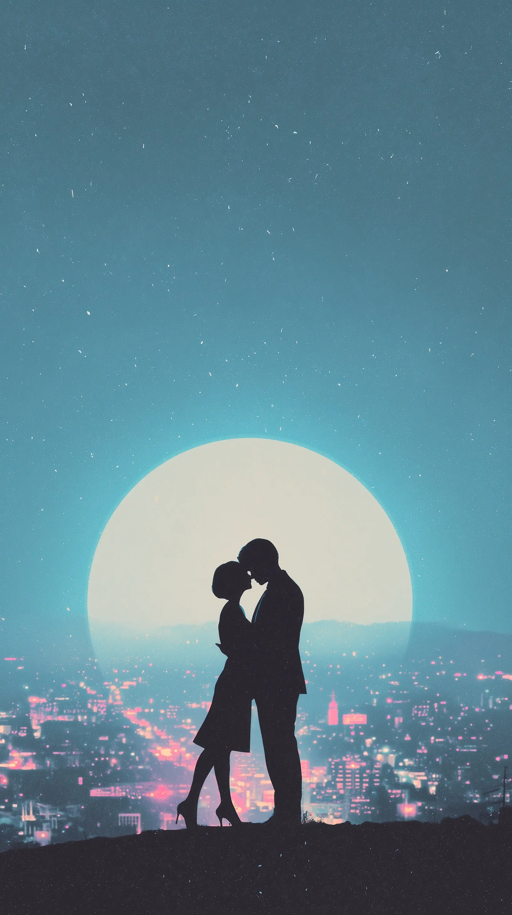Silhouette of a romantic couple embracing against a glowing blue ring and a pink and purple city skyline at night.