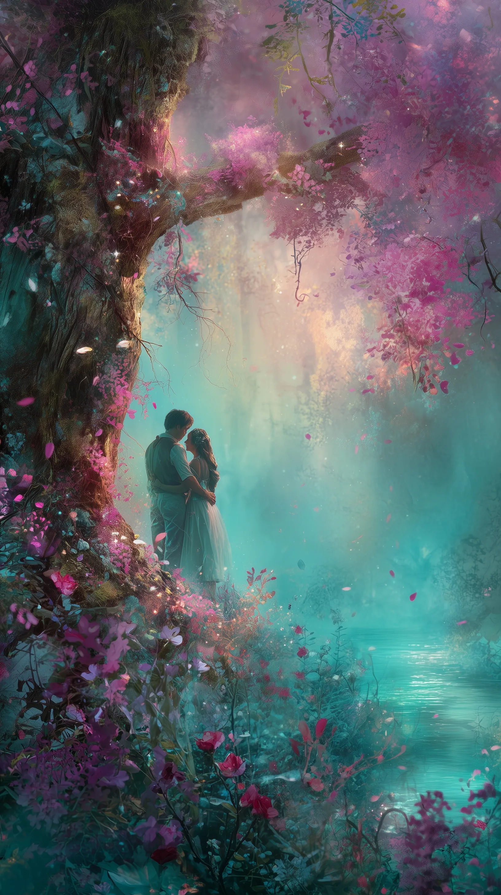 Romantic couple posing amidst blooming flowers and ethereal tree branches for aesthetic mobile wallpaper.