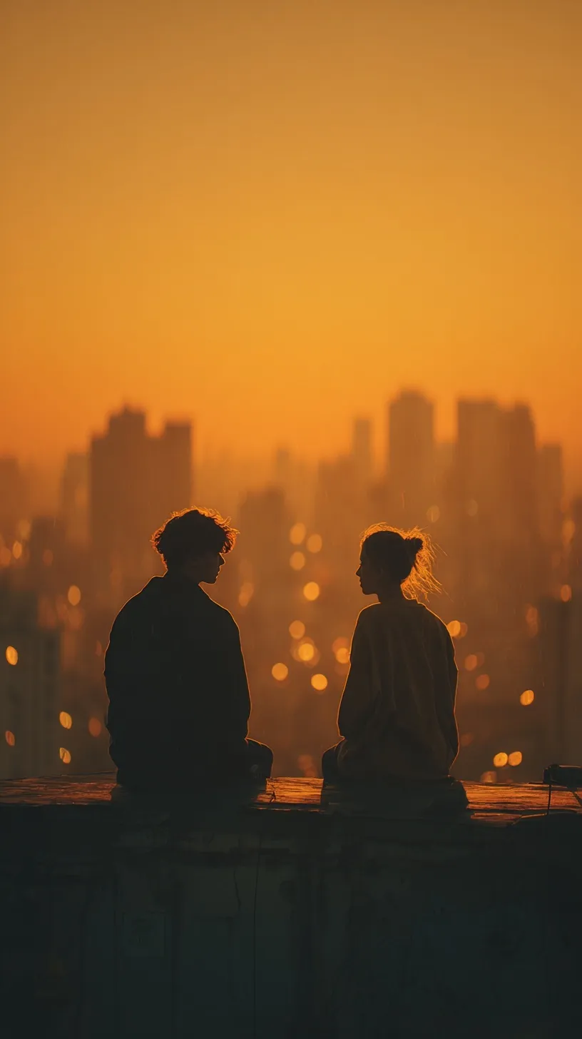 Romantic couple sitting on a rooftop at sunset, warm cinematic golden hour lighting, cozy aesthetic mobile wallpaper.