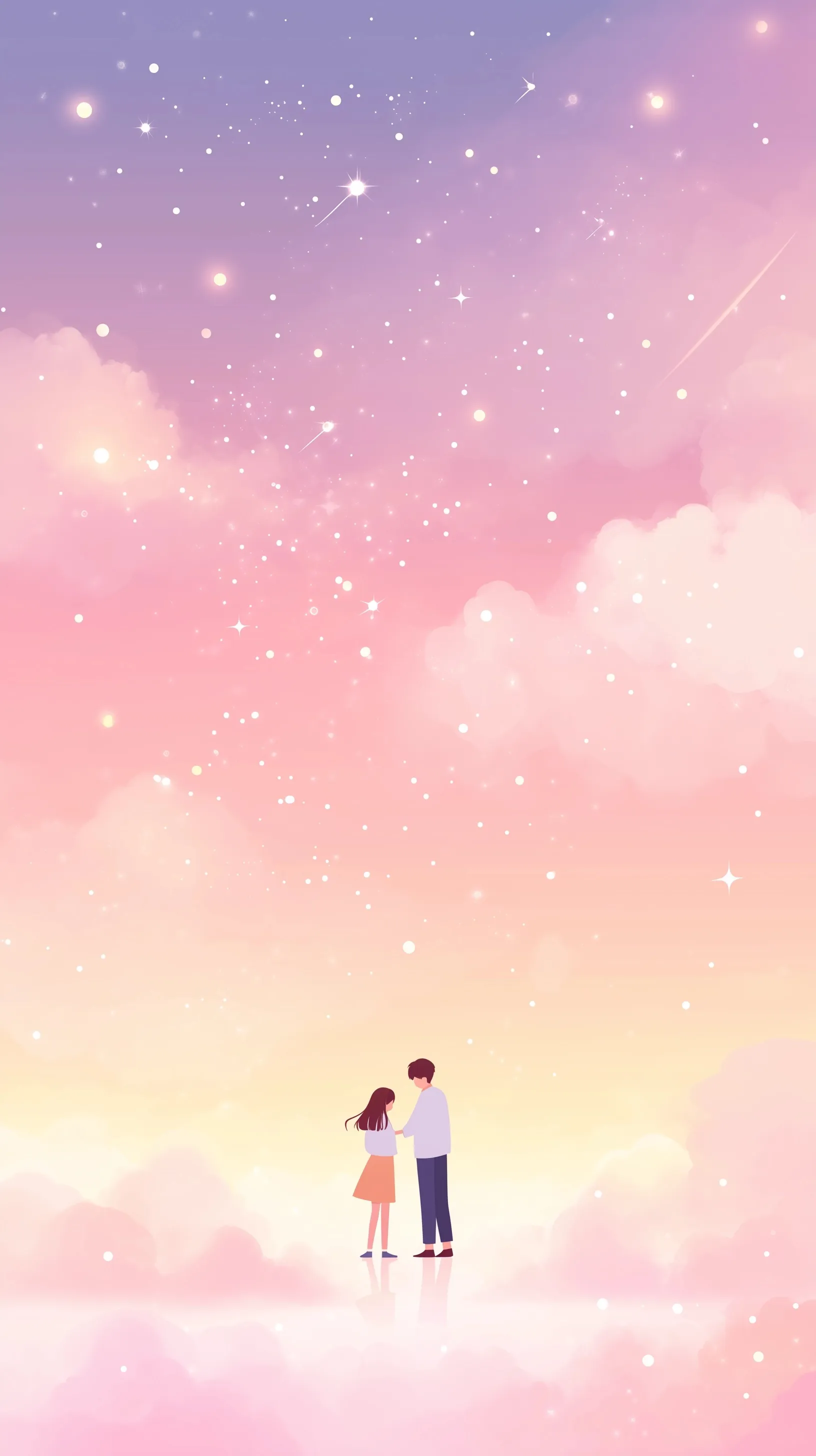 Dreamy watercolor illustration of a romantic couple meeting under a starlit sky, perfect for mobile backgrounds.