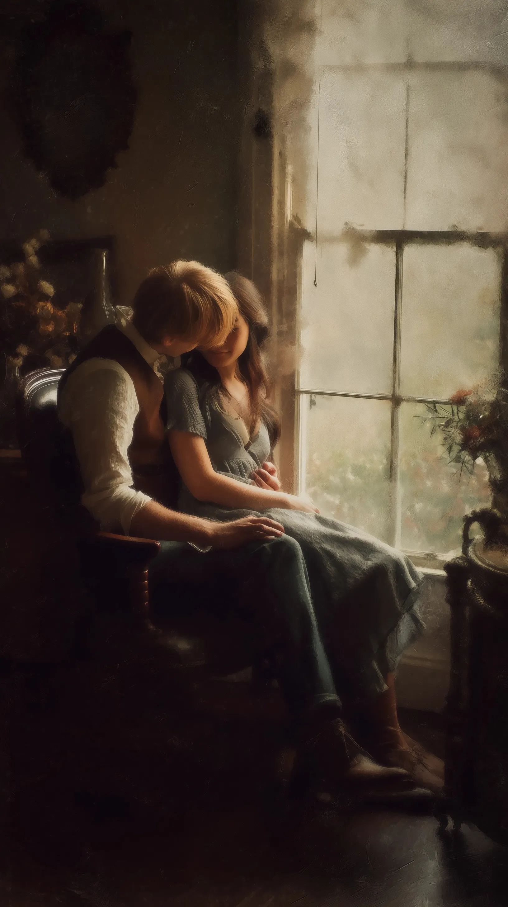 A romantic couple embracing in a vintage window seat with an oil-painted texture for iPhone mobile wallpaper.
