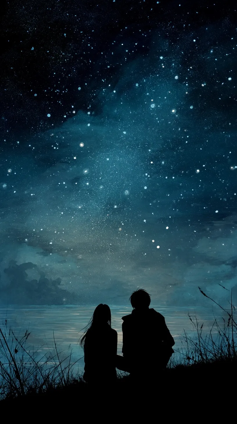 A romantic couple gazing up at a clear, starry night sky, aesthetic mobile wallpaper for iPhone 17 Pro Max.